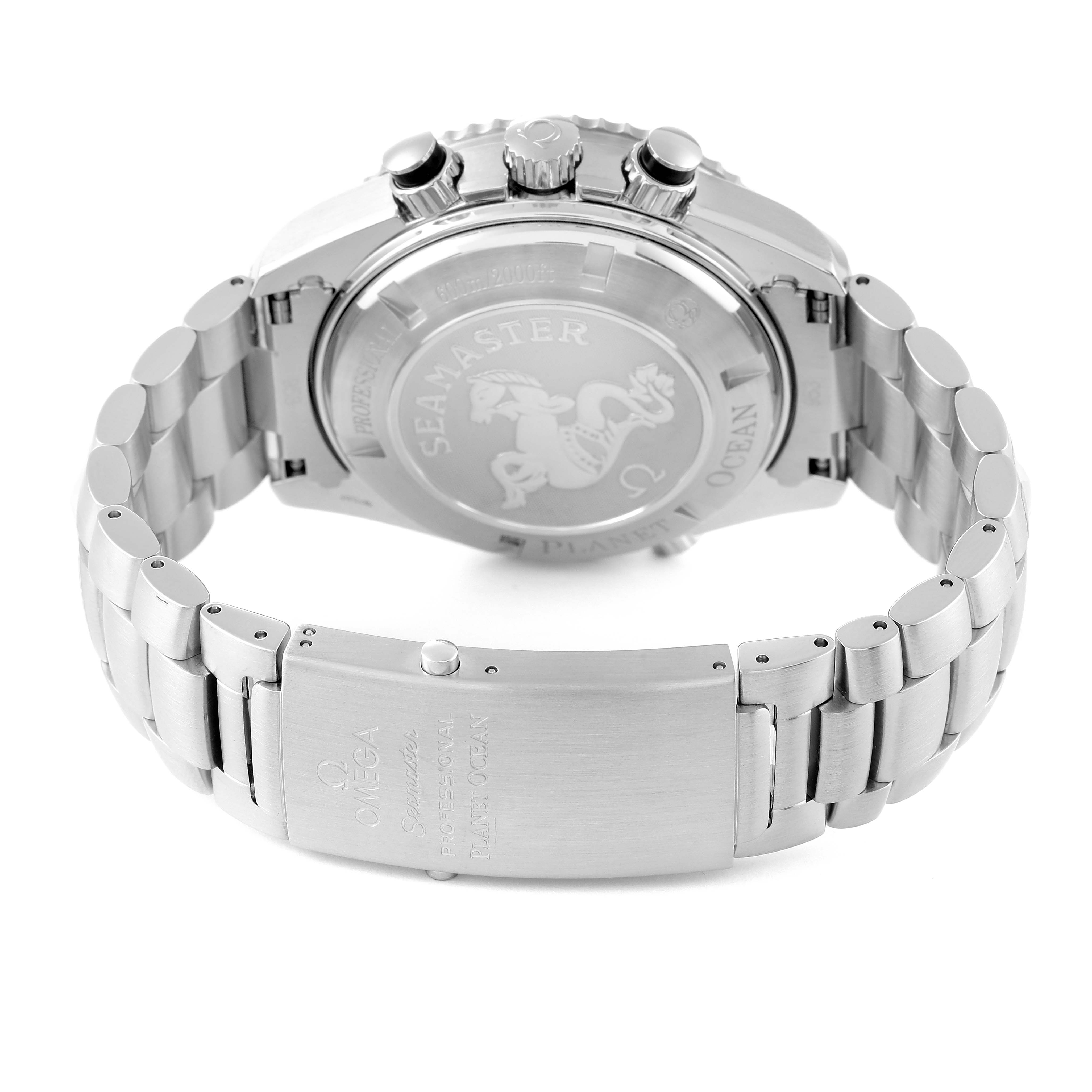 The image shows the back case, crown, and bracelet clasp of the Omega Planet Ocean 2210.50.00 Men's Stainless Steel Black Dial 2210.50.00 Men's Stainless Steel Black Dial watch.