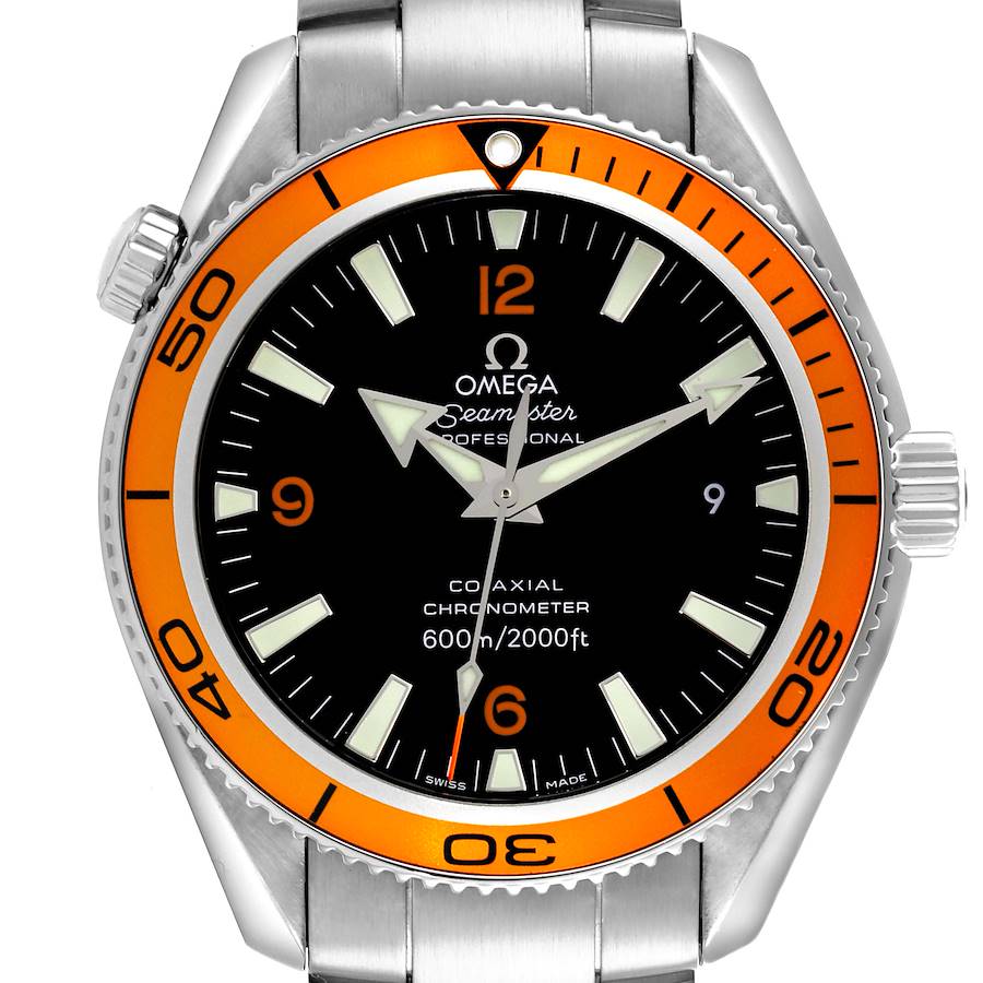 The Omega Planet Ocean watch is shown from the front, highlighting the dial, bezel, and part of the bracelet.