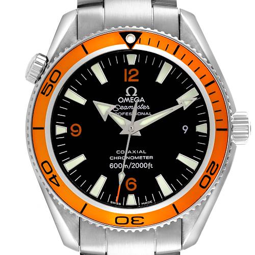 The Omega Planet Ocean watch is shown from the front, featuring its dial and bezel clearly.