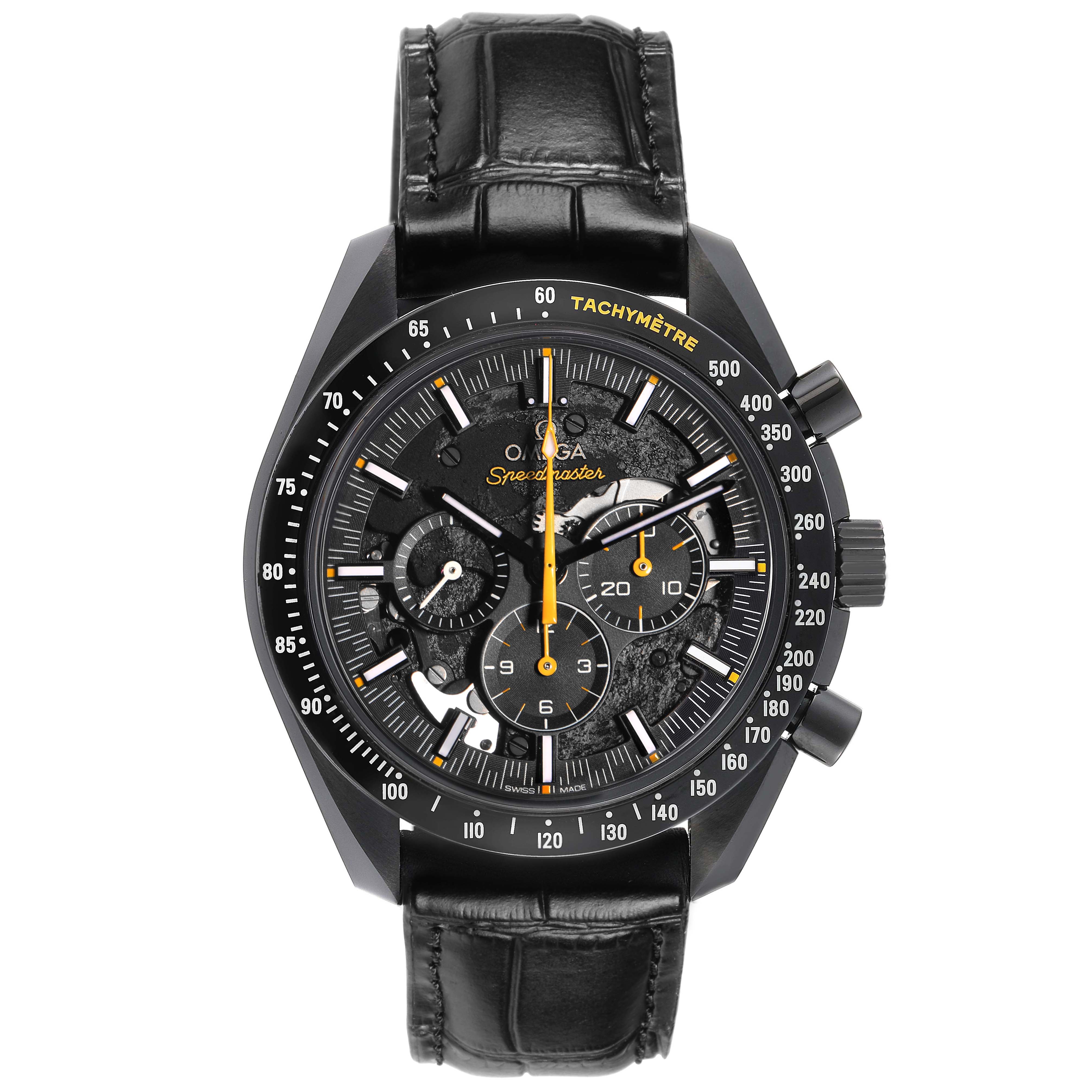 The Omega Speedmaster 311.92.44.30.01.001 Men's Ceramic Black Dial is shown from a front angle, highlighting the dial, sub-dials, tachymeter, and leather strap.