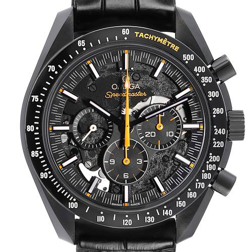 The Omega Speedmaster 311.92.44.30.01.001 Men's Ceramic Black Dial watch is shown from the front, highlighting the dial, subdials, hands, and tachymeter scale.