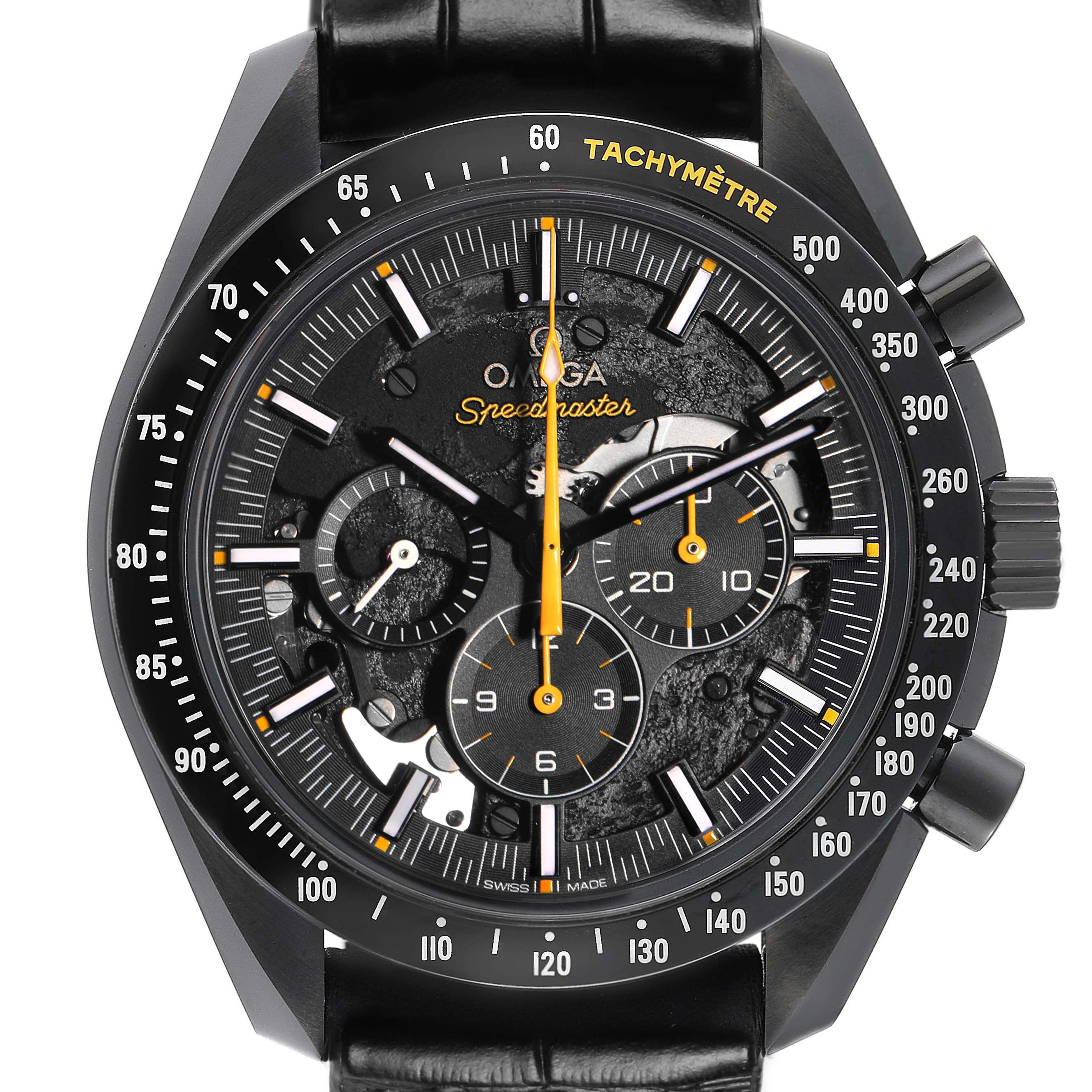 The Omega Speedmaster 311.92.44.30.01.001 Men's Ceramic Black Dial watch is shown from the front, highlighting its face, chronograph subdials, and tachymeter bezel.