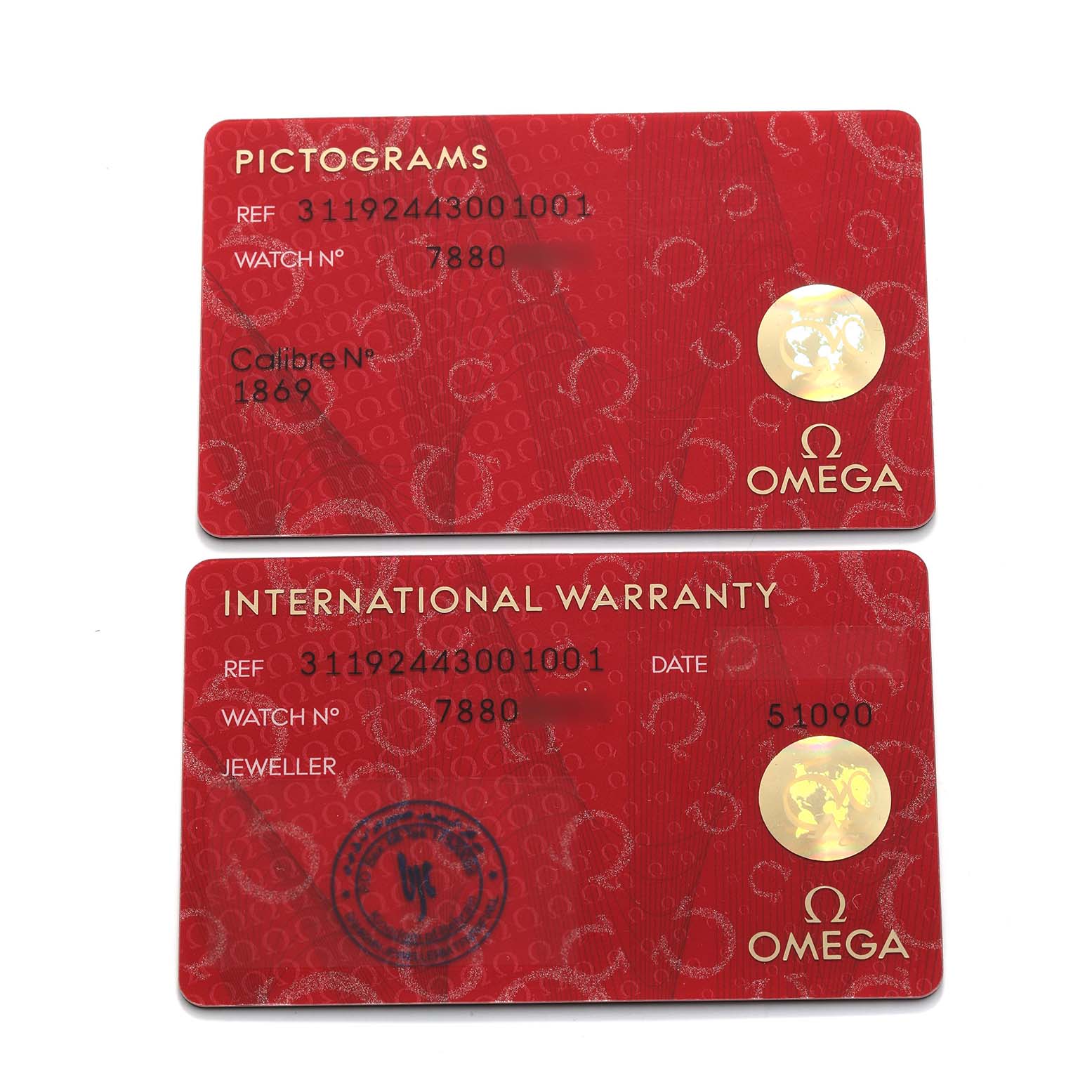 The image shows two Omega Speedmaster 311.92.44.30.01.001 Men's Ceramic Black Dial accessory cards: a pictogram card and an international warranty card.