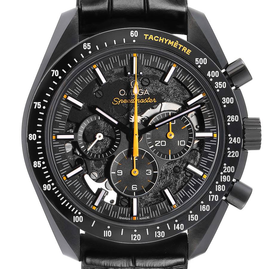 The Omega Speedmaster 311.92.44.30.01.001 Men's Ceramic Black Dial watch is shown from a front angle, highlighting its face, chronograph subdials, and tachymeter bezel.