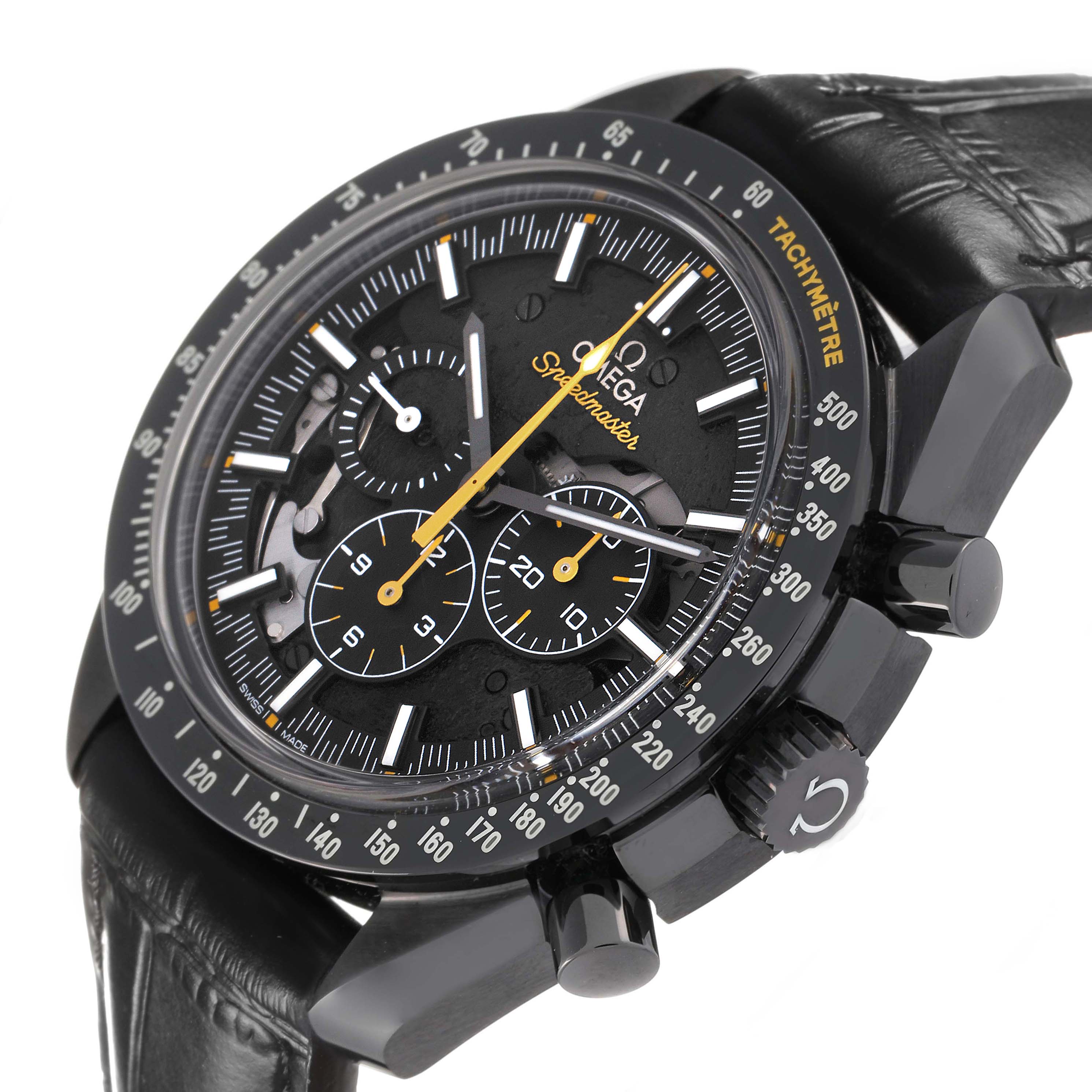 The Omega Speedmaster 311.92.44.30.01.001 Men's Ceramic Black Dial watch is shown at a tilted angle, displaying the face, bezel, pushers, and crown.