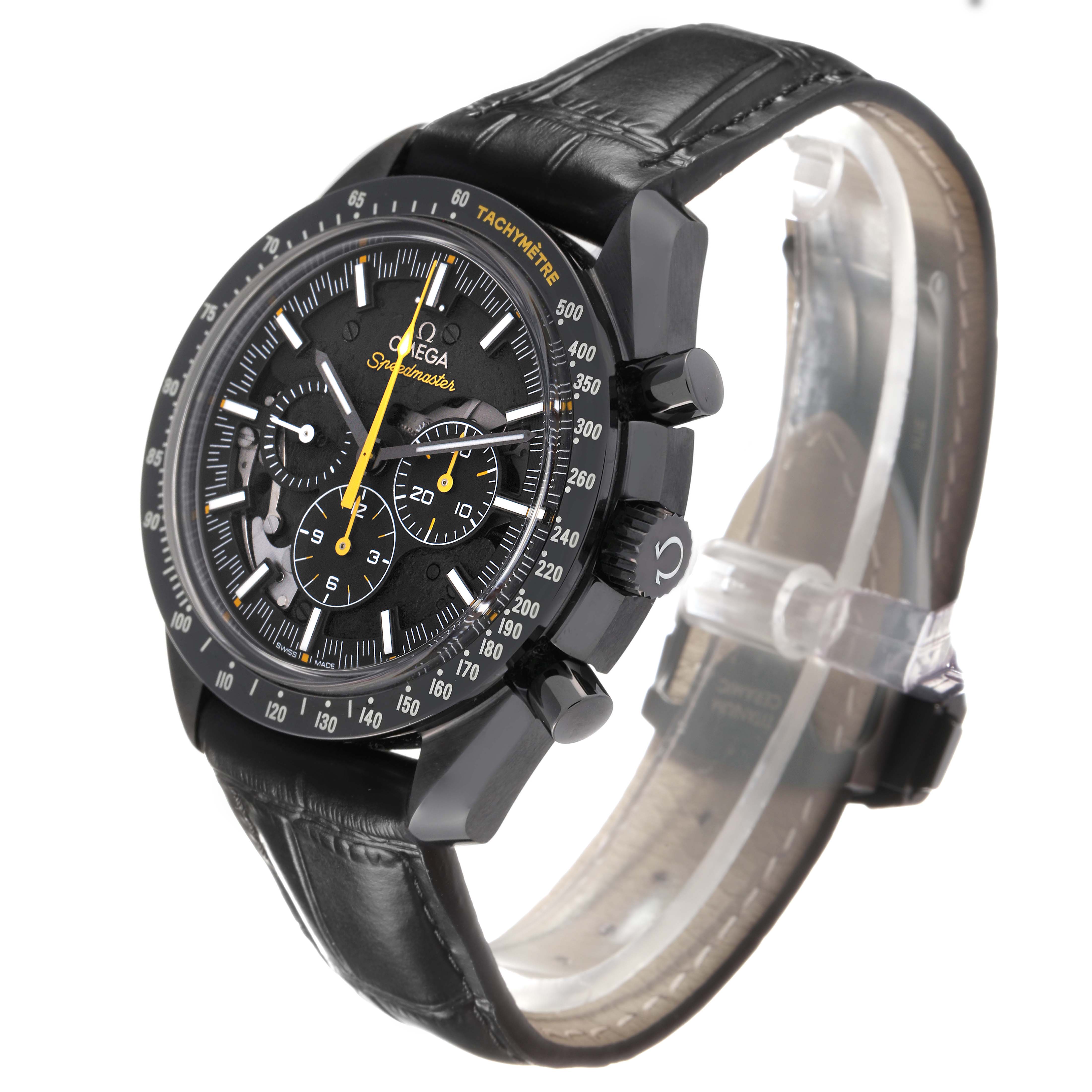 The Omega Speedmaster 311.92.44.30.01.001 Men's Ceramic Black Dial watch is shown at a slight angle highlighting the face, tachymeter bezel, crown, pushers, and leather strap.