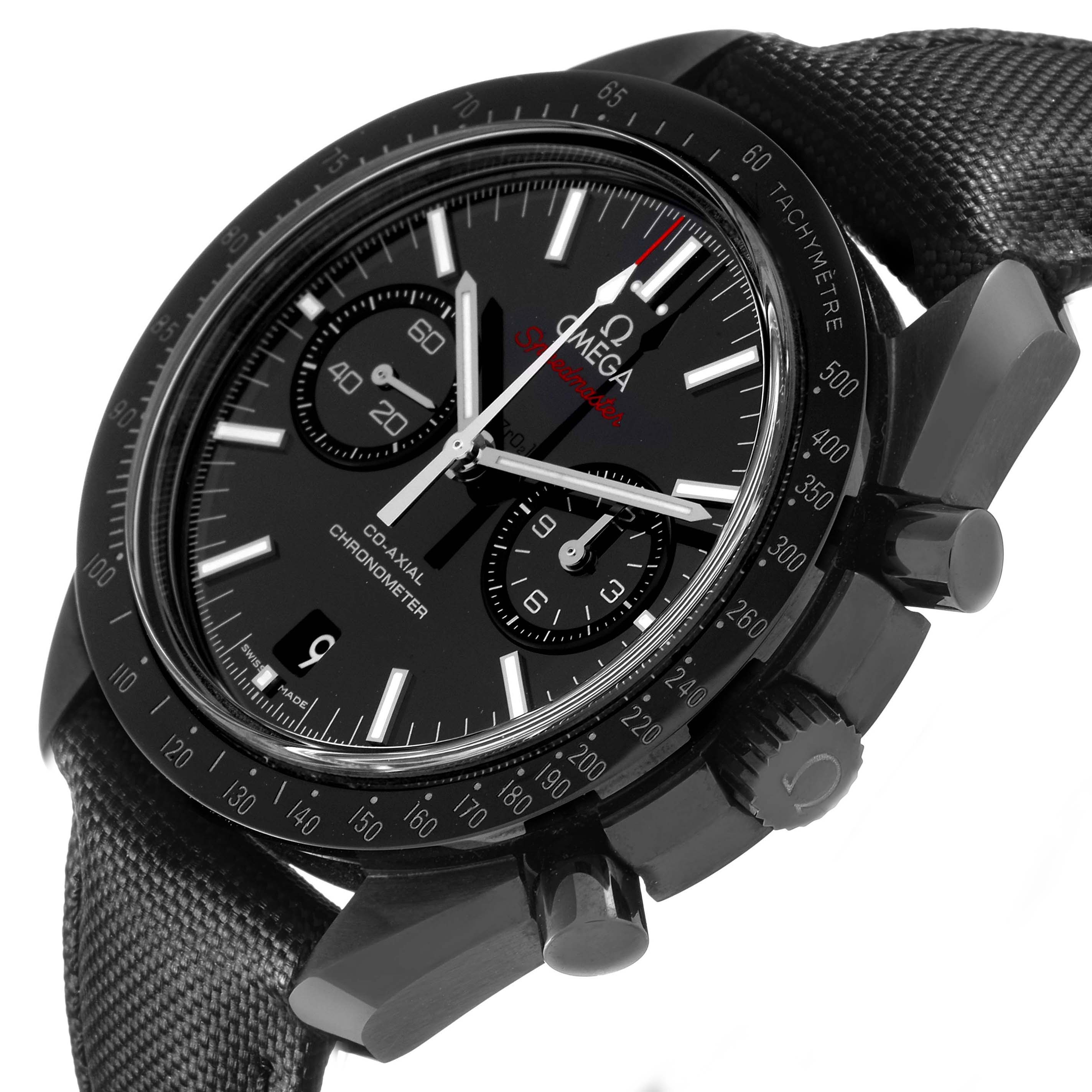 The Omega Speedmaster 311.92.44.51.01.003 Men's Ceramic Black Dial watch is shown at an angled close-up, highlighting the chronograph dials, bezel, and side pushers.