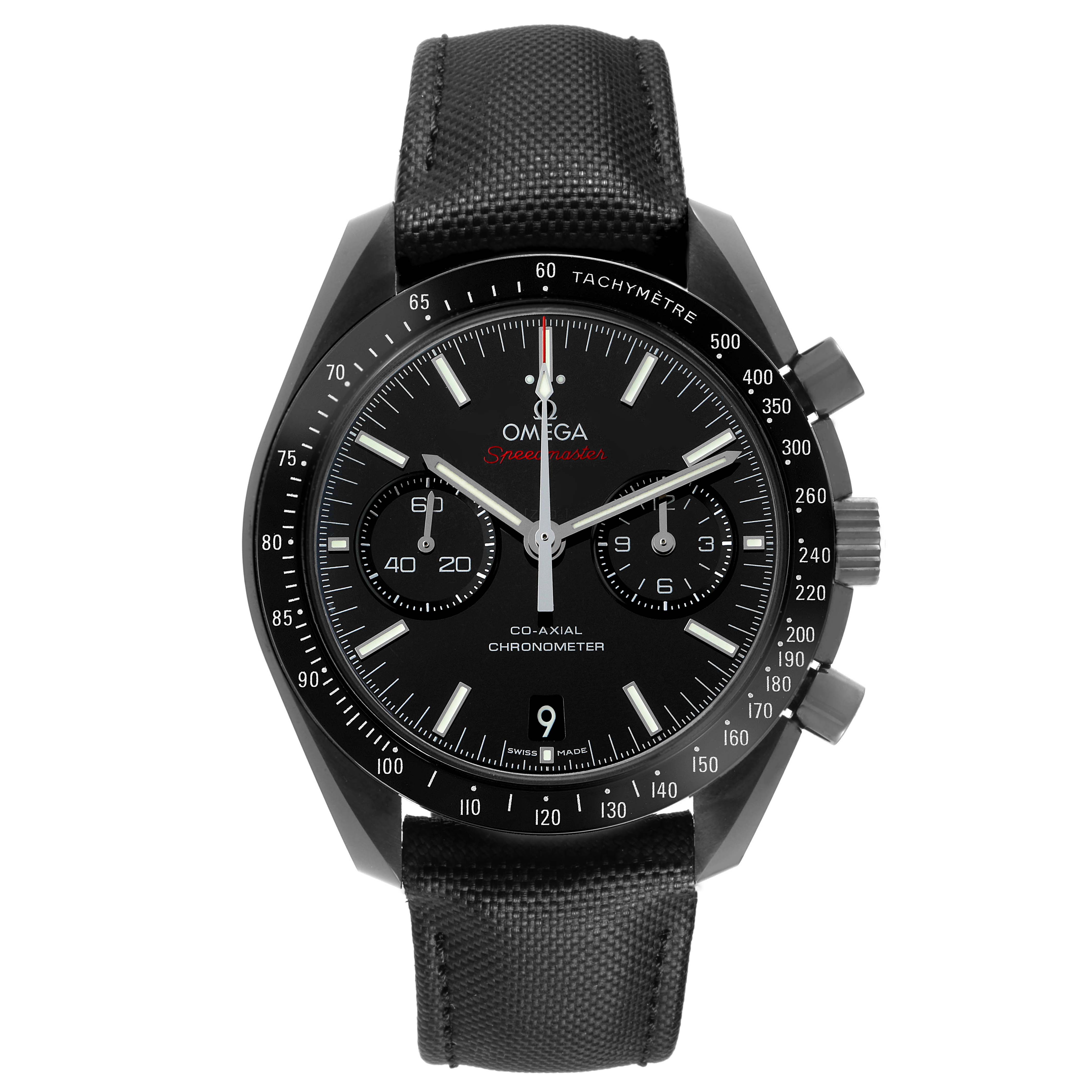 The Omega Speedmaster 311.92.44.51.01.003 Men's Ceramic Black Dial watch is shown from the front, highlighting the dial, tachymeter bezel, pushers, and fabric strap.