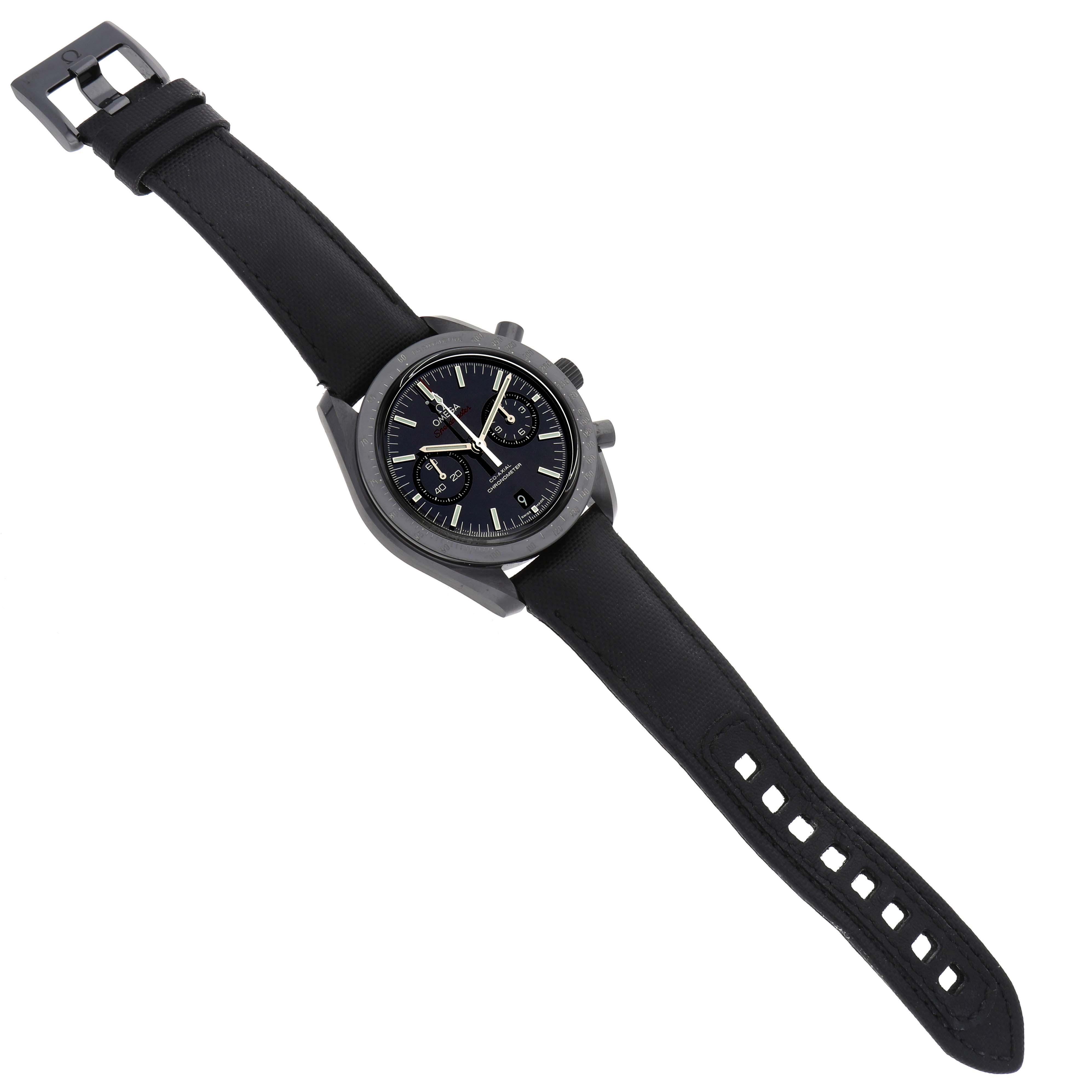 The Omega Speedmaster 311.92.44.51.01.003 Men's Ceramic Black Dial watch is shown from a top-down angle, displaying the face, bezel, crown, pushers, and strap.