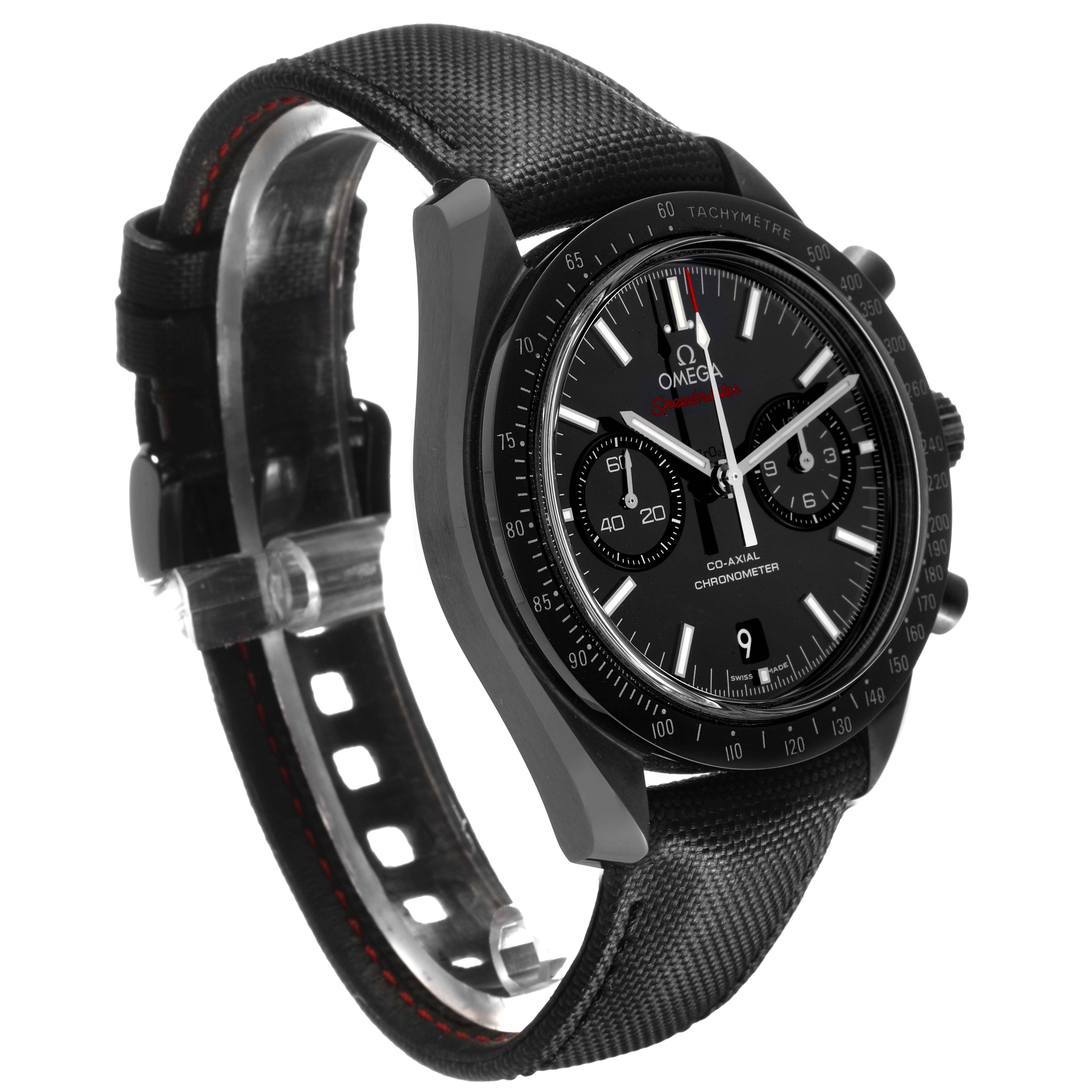 The Omega Speedmaster 311.92.44.51.01.003 Men's Ceramic Black Dial watch is shown at a three-quarter angle, highlighting its black dial, bezel, and strap.