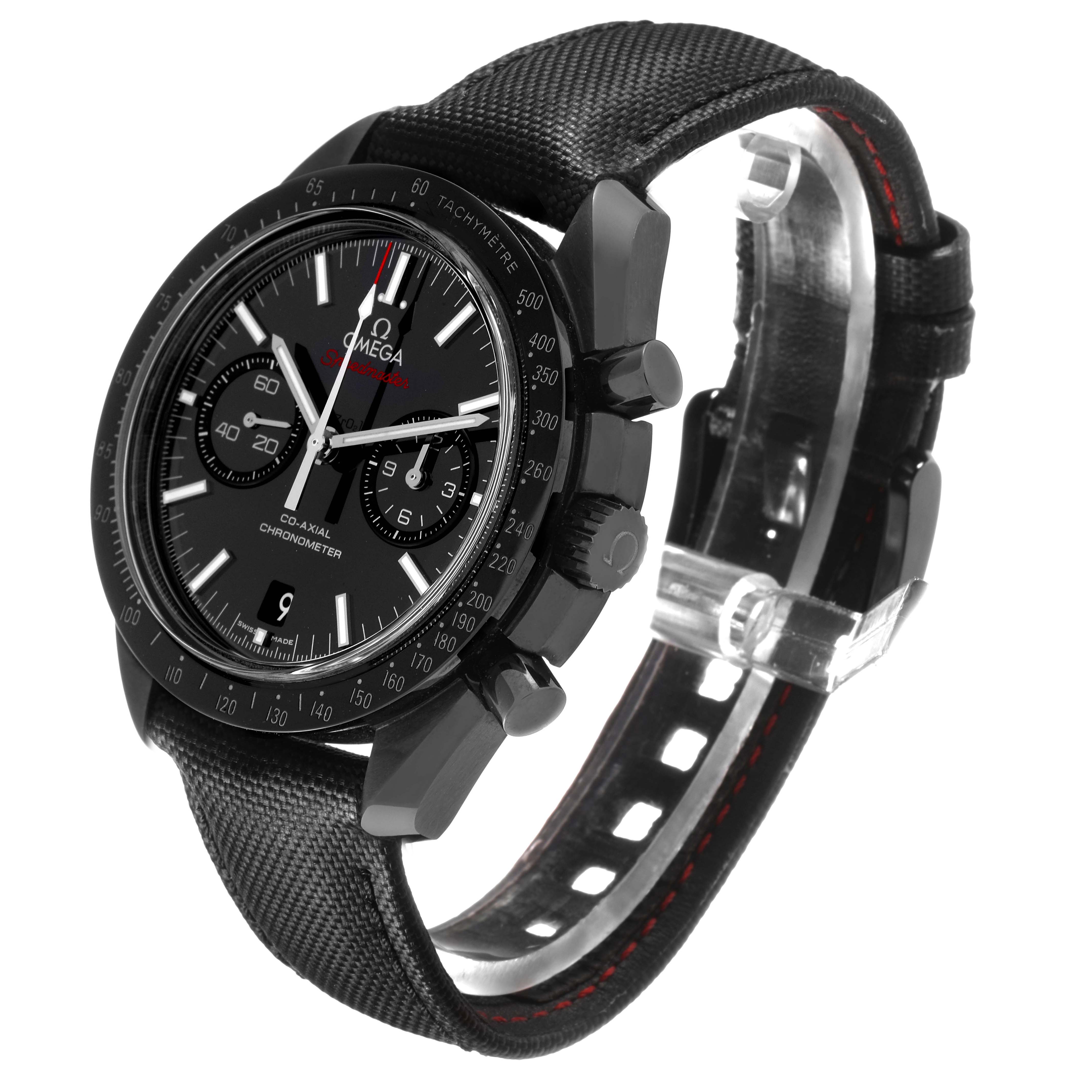 The Omega Speedmaster 311.92.44.51.01.003 Men's Ceramic Black Dial watch is shown from a three-quarter angle, highlighting the dial, bezel, crown, pushers, and strap.