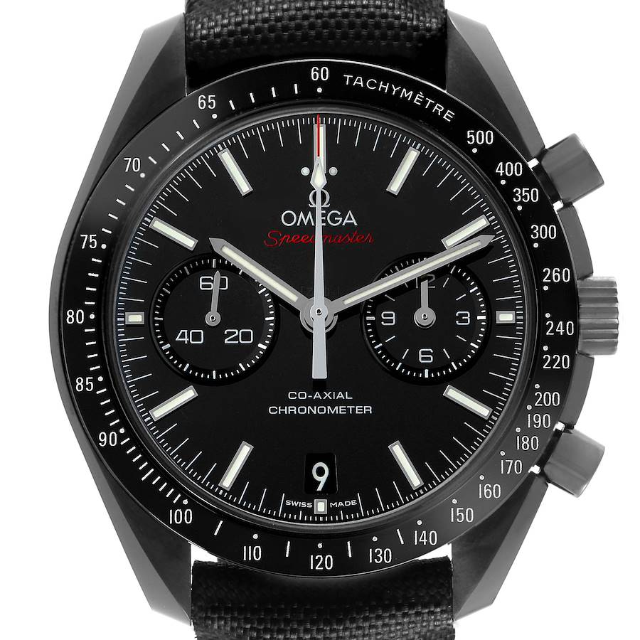 The Omega Speedmaster 311.92.44.51.01.003 Men's Ceramic Black Dial watch is shown from a front angle, displaying its black dial, subdials, tachymeter bezel, and crown.