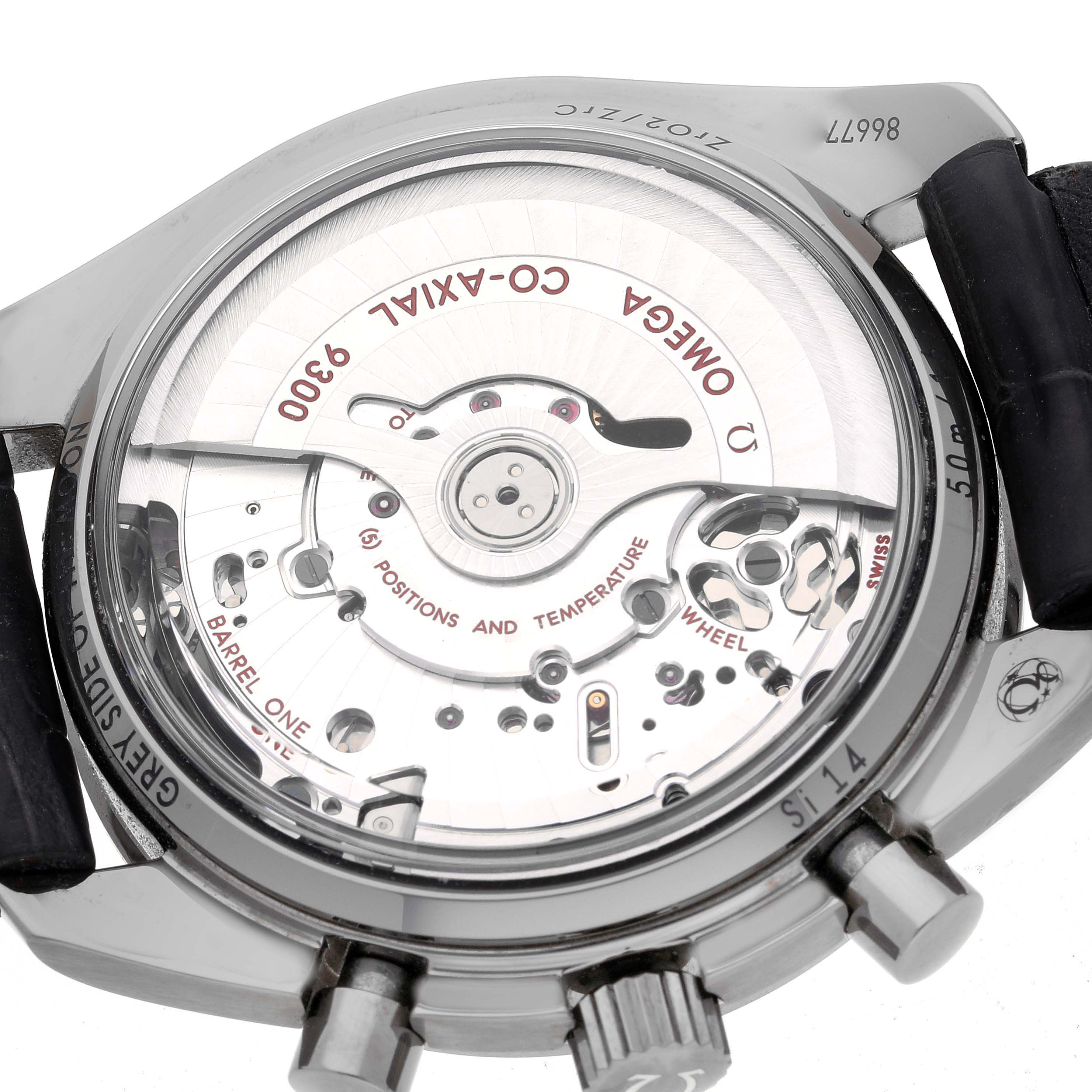 The Omega Speedmaster 311.93.44.51.99.001 Men's Ceramic Grey Dial 311.93.44.51.99.001 Men's Ceramic Grey Dial is shown from the back, highlighting its movement and mechanism components.