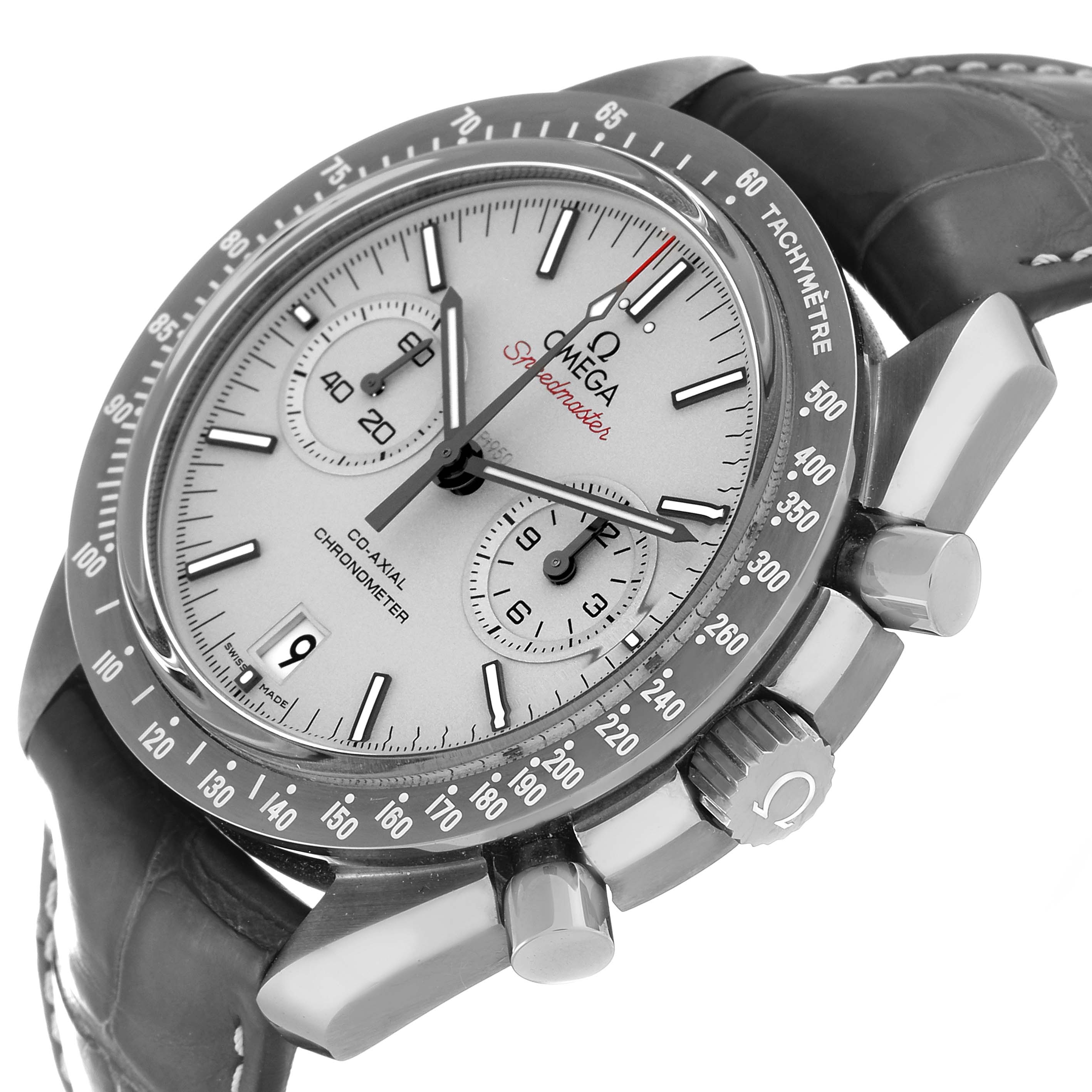 This Omega Speedmaster 311.93.44.51.99.001 Men's Ceramic Grey Dial 311.93.44.51.99.001 Men's Ceramic Grey Dial watch is shown at an angle highlighting the face, bezel, pushers, and crown.