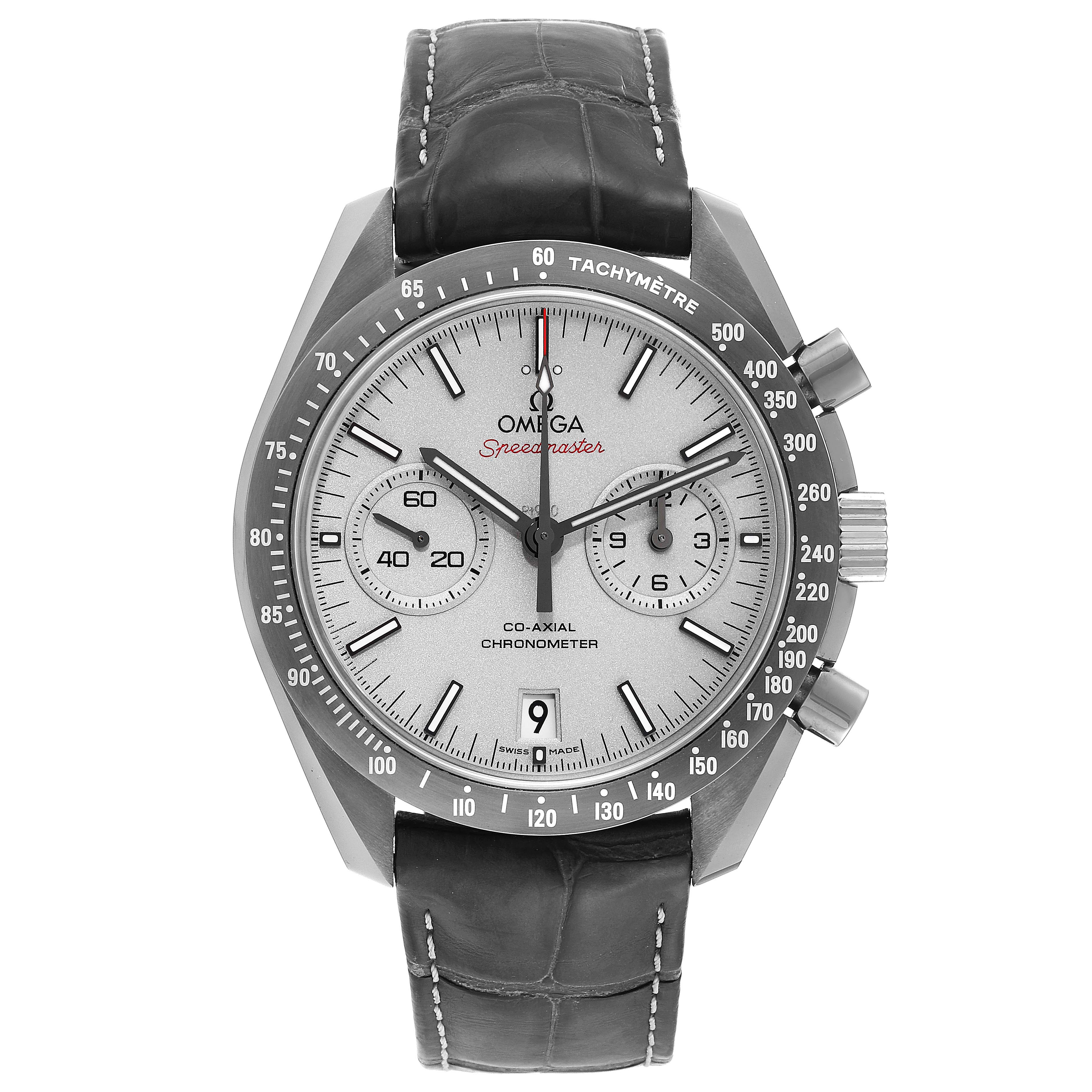 The image shows a front view of the Omega Speedmaster 311.93.44.51.99.001 Men's Ceramic Grey Dial 311.93.44.51.99.001 Men's Ceramic Grey Dial watch, highlighting the bezel, chronograph buttons, and leather strap.