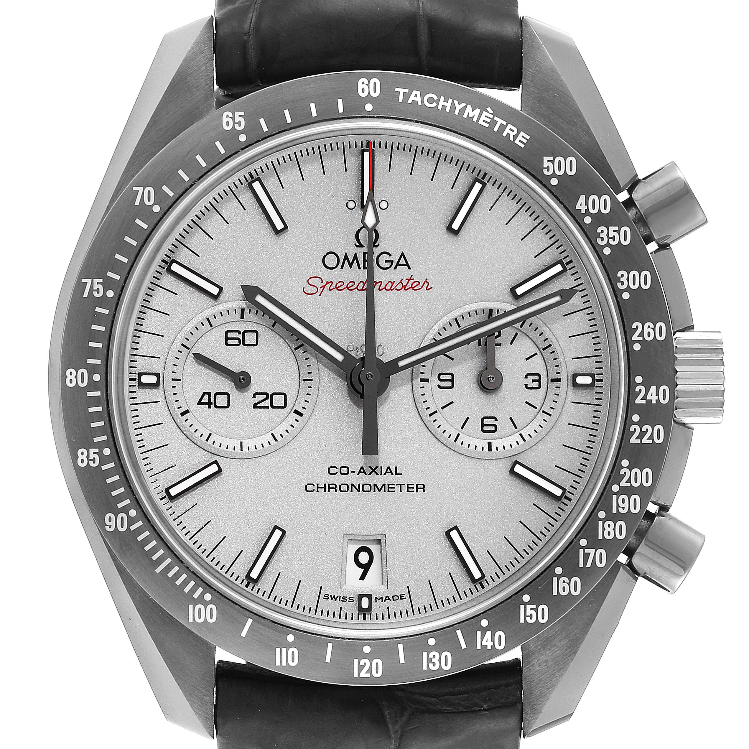 The Omega Speedmaster 311.93.44.51.99.001 Men's Ceramic Grey Dial 311.93.44.51.99.001 Men's Ceramic Grey Dial watch is shown from a front angle, displaying the dial, subdials, bezel, and crown.
