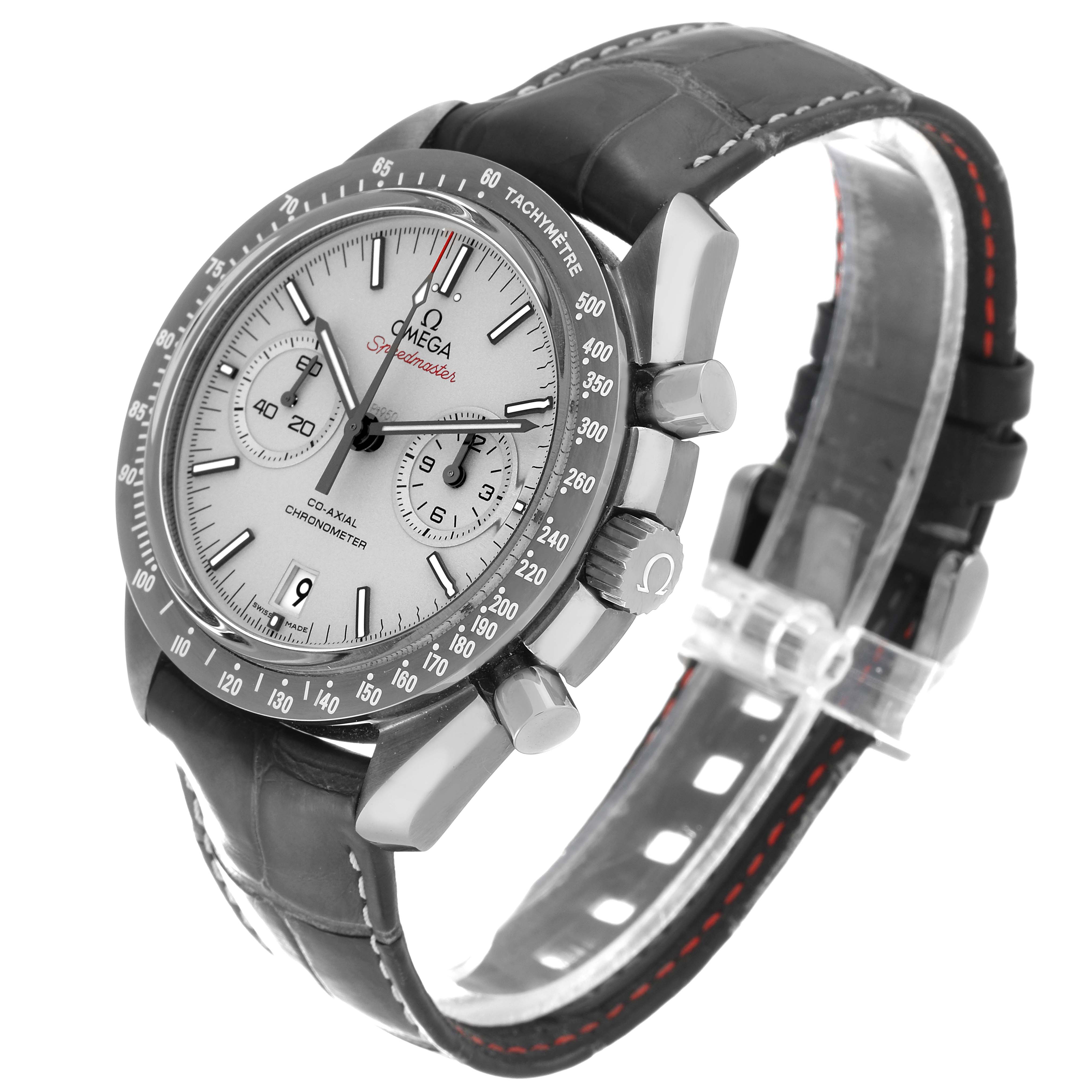 The Omega Speedmaster 311.93.44.51.99.001 Men's Ceramic Grey Dial 311.93.44.51.99.001 Men's Ceramic Grey Dial watch is shown at a three-quarter angle, displaying the face, bezel, crown, and pushers.