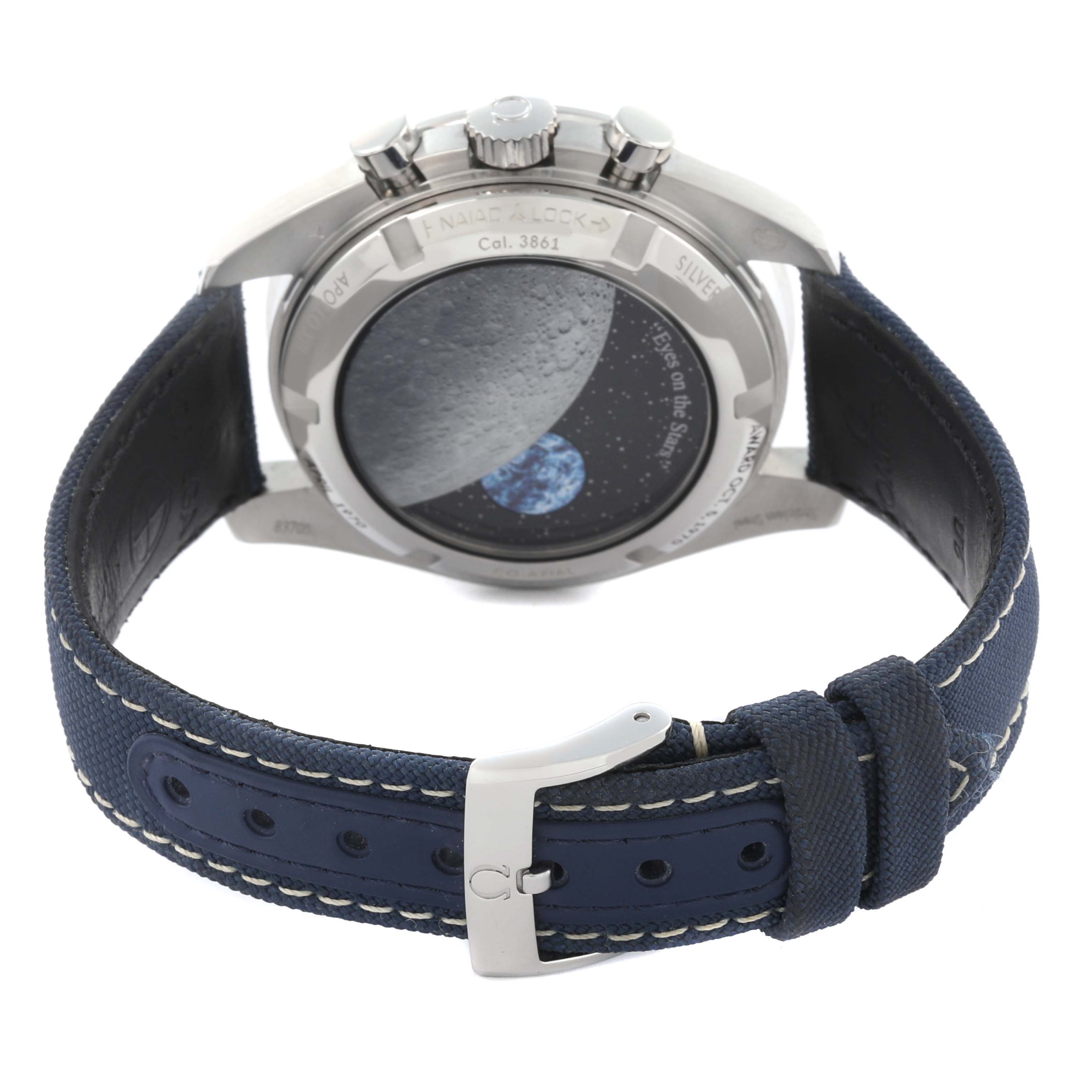 The Omega Speedmaster 310.32.42.50.02.001 Men
s Stainless Steel Silver Dial 310.32.42.50.02.001 Men
s Stainless Steel Silver Dial watch is shown from the back, highlighting the case back with celestial engraving and a blue strap.