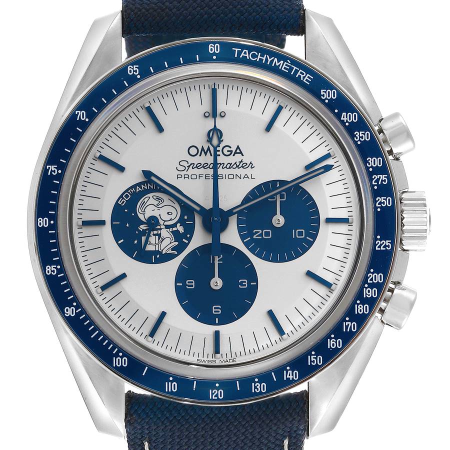 The image shows a front view of an Omega Speedmaster watch, highlighting the dial, tachymeter bezel, and chronograph sub-dials.