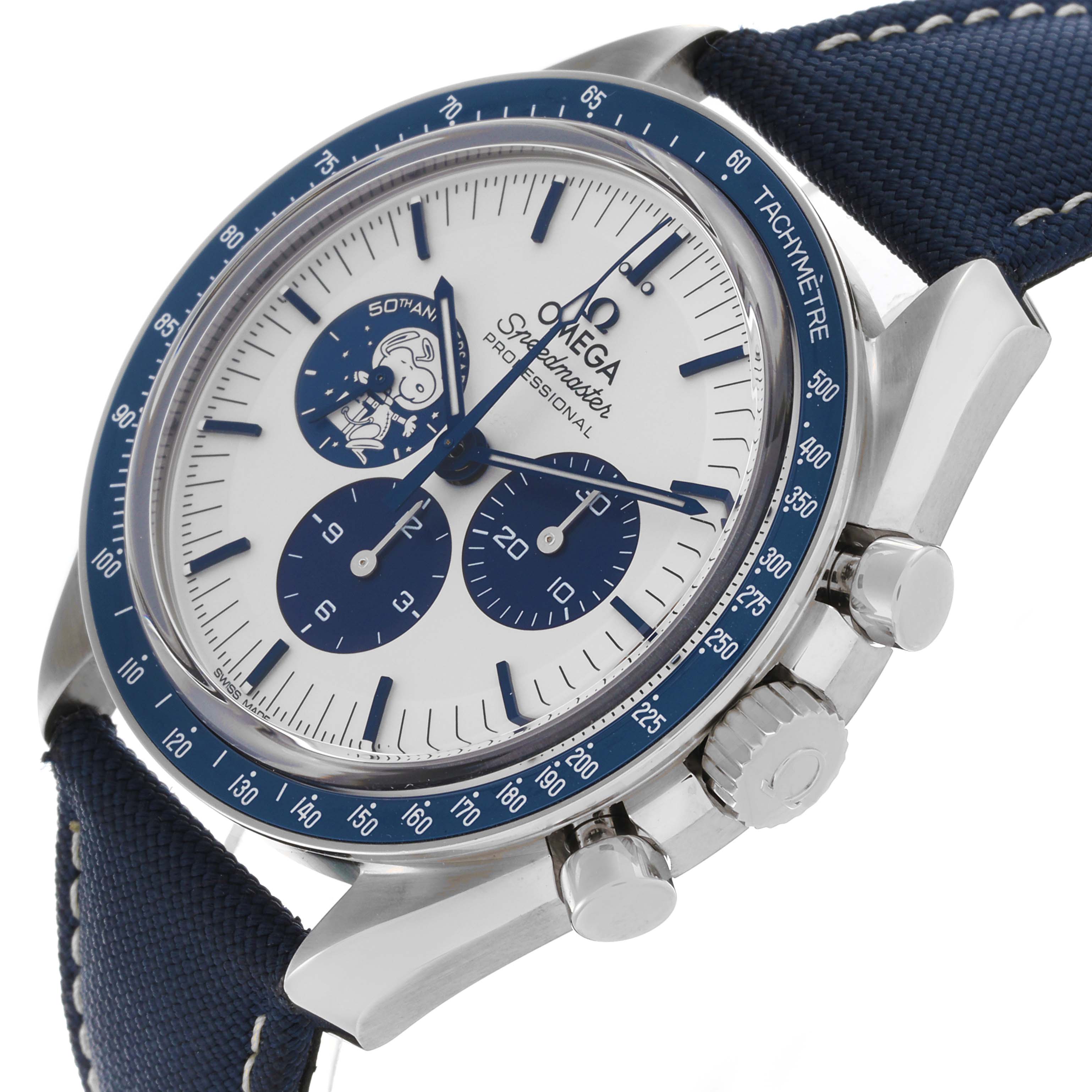 The Omega Speedmaster 310.32.42.50.02.001 Men
s Stainless Steel Silver Dial 310.32.42.50.02.001 Men
s Stainless Steel Silver Dial watch is shown at a side angle, highlighting the bezel, dial, crown, and chronograph pushers.