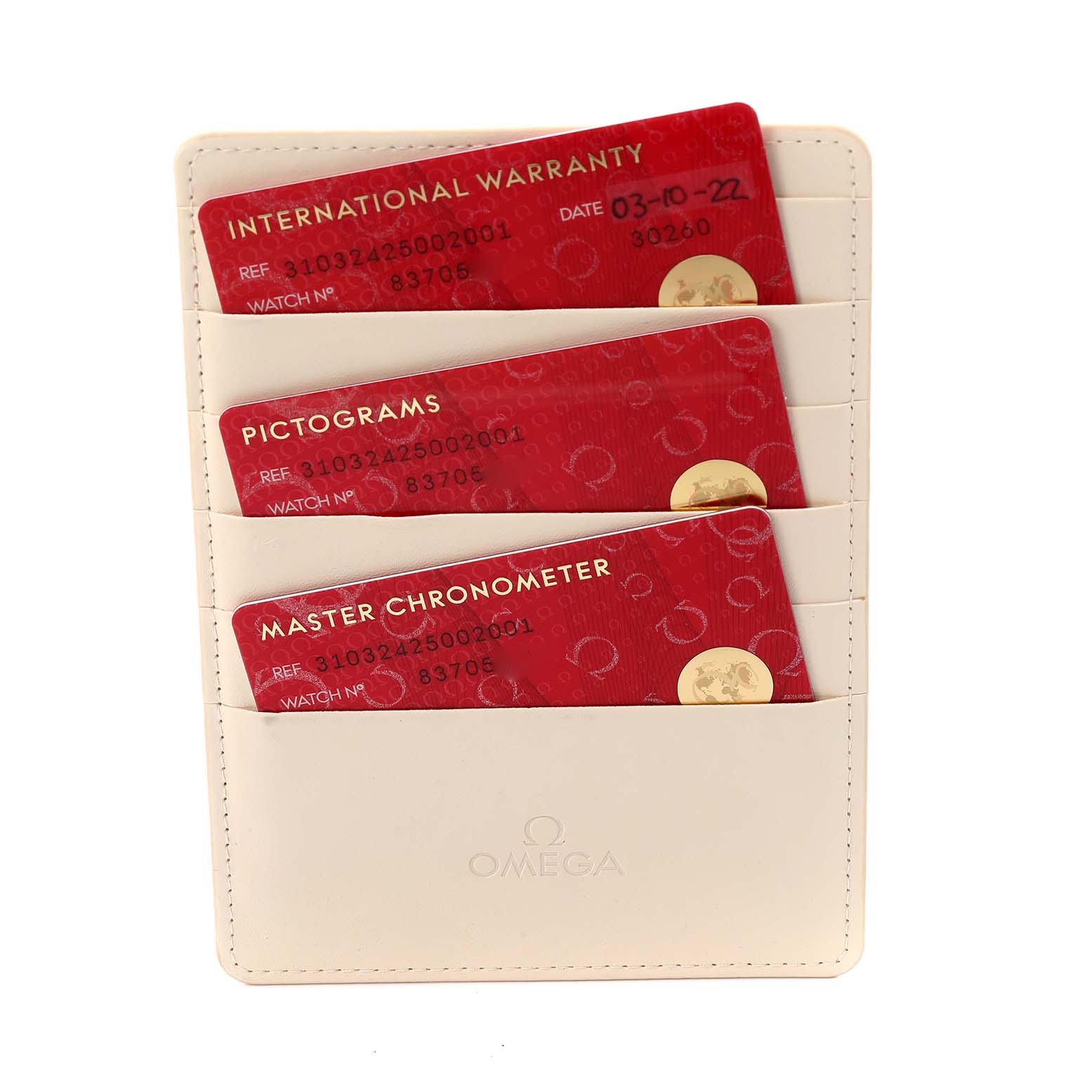 The image shows Omega Speedmaster 310.32.42.50.02.001 Men
s Stainless Steel Silver Dial 310.32.42.50.02.001 Men
s Stainless Steel Silver Dial warranty and chronometer cards in a cream cardholder.