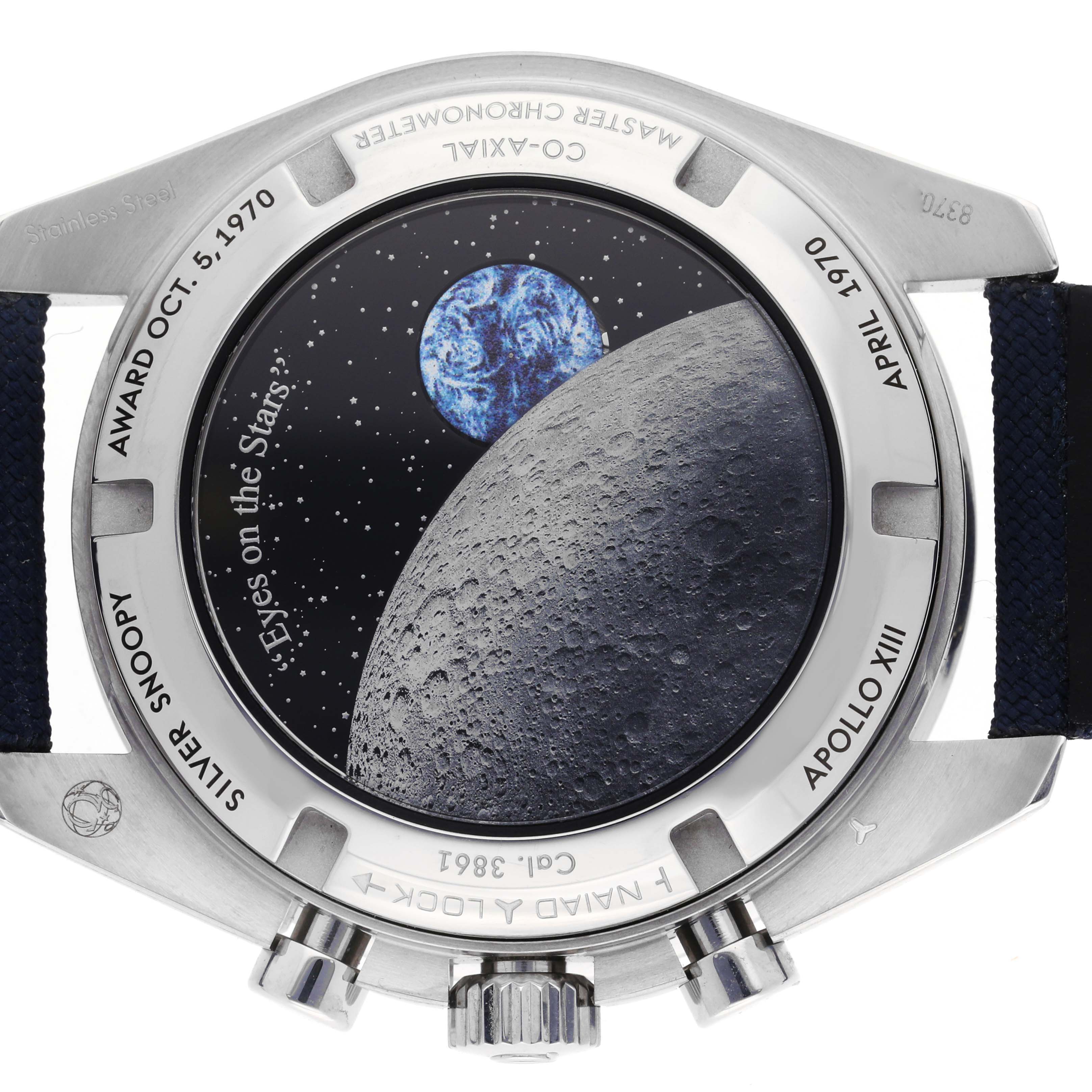 The image shows the back of the Omega Speedmaster 310.32.42.50.02.001 Men
s Stainless Steel Silver Dial 310.32.42.50.02.001 Men
s Stainless Steel Silver Dial, displaying detailed engravings and a space-themed design.