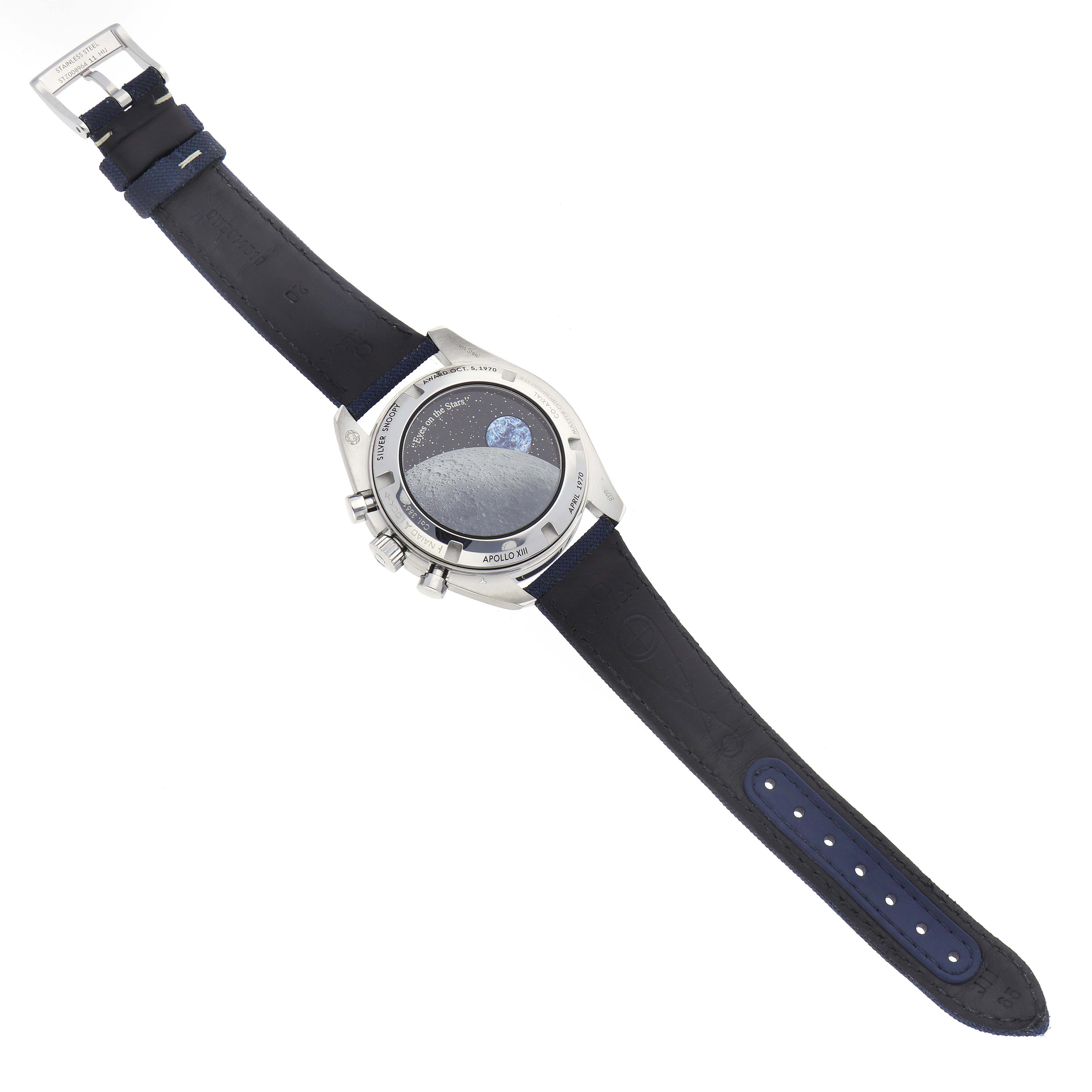 The Omega Speedmaster 310.32.42.50.02.001 Men
s Stainless Steel Silver Dial 310.32.42.50.02.001 Men
s Stainless Steel Silver Dial watch is shown from the back, displaying the case back and leather strap.