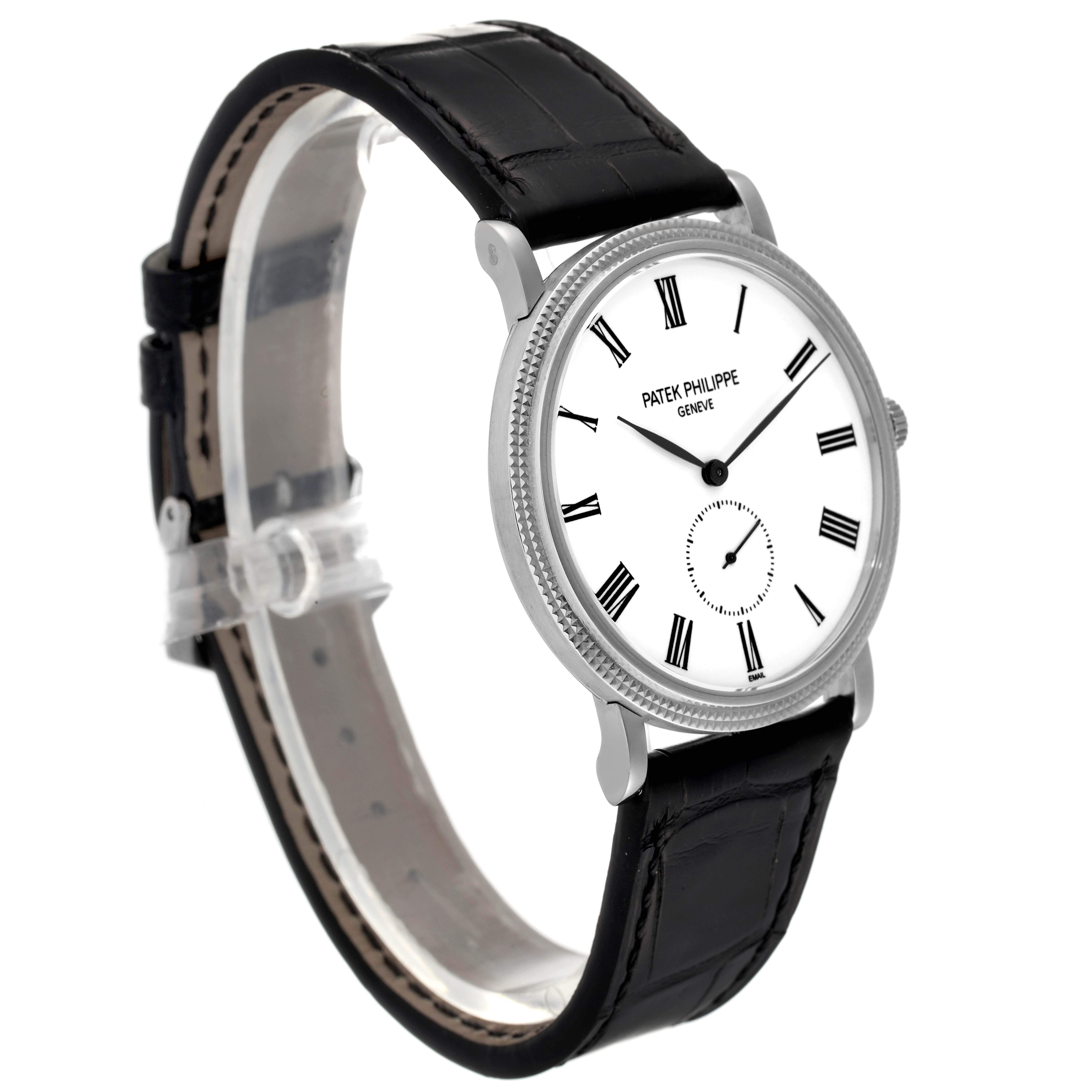 This image shows a side angle of a Patek Philippe Calatrava 5116G Men's White Gold White Dial 5116G Men's White Gold White Dial watch, displaying its face, strap, and bezel.