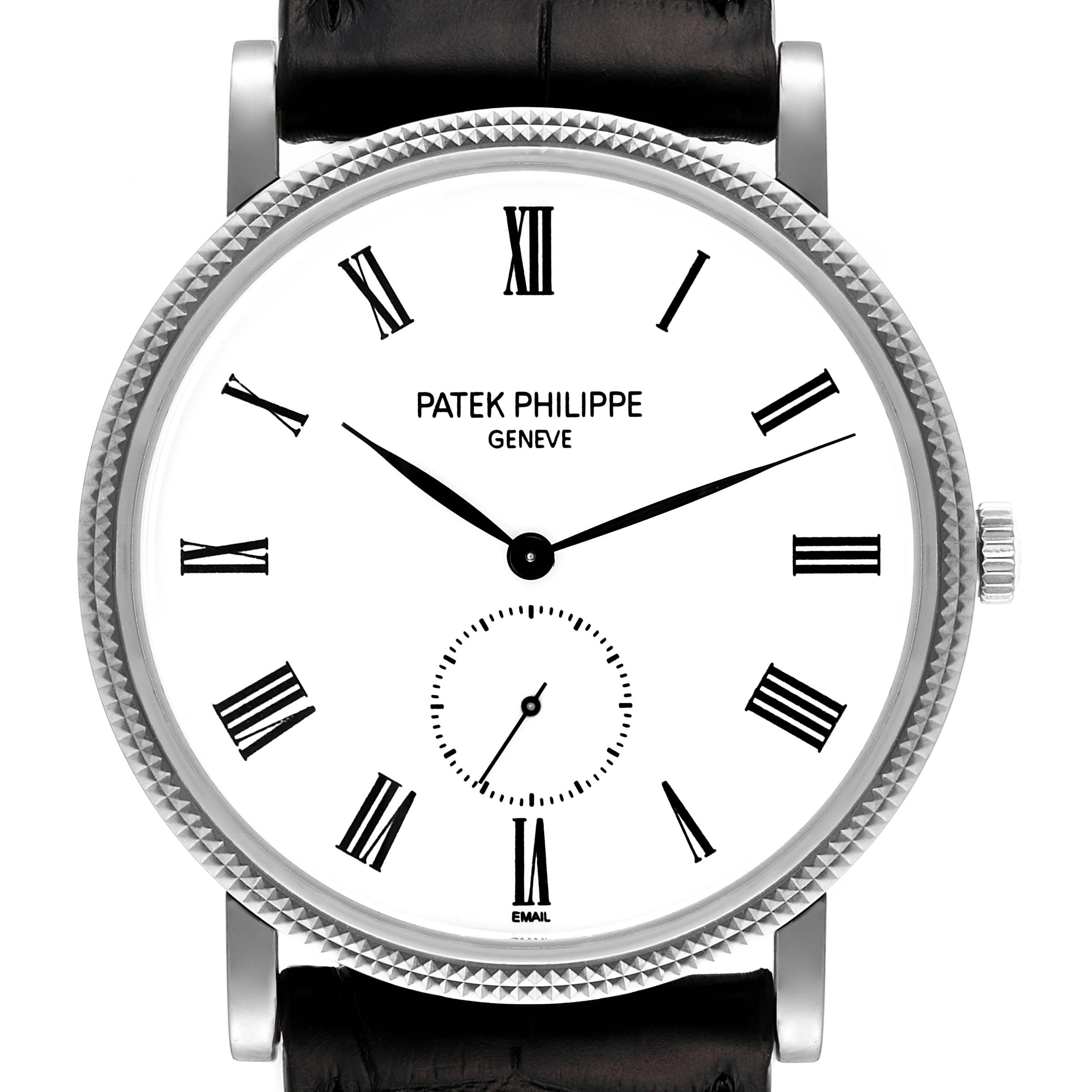 The image shows a front view of a Patek Philippe Calatrava 5116G Men's White Gold White Dial 5116G Men's White Gold White Dial watch, displaying its dial, hands, and crown.
