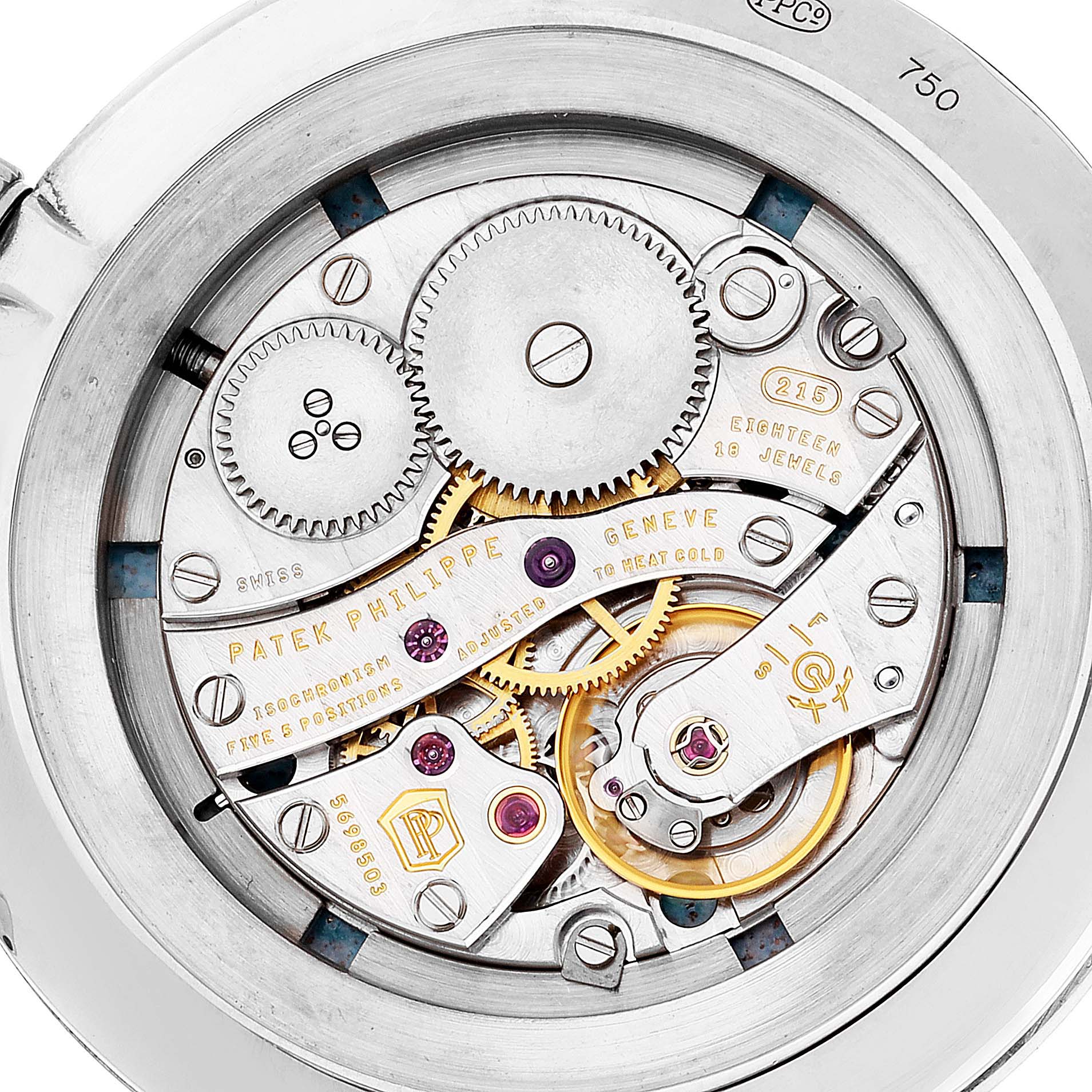 This image shows the intricate inner mechanical movement of a Patek Philippe Calatrava 5116G Men's White Gold White Dial 5116G Men's White Gold White Dial watch from a close-up, rear view angle.