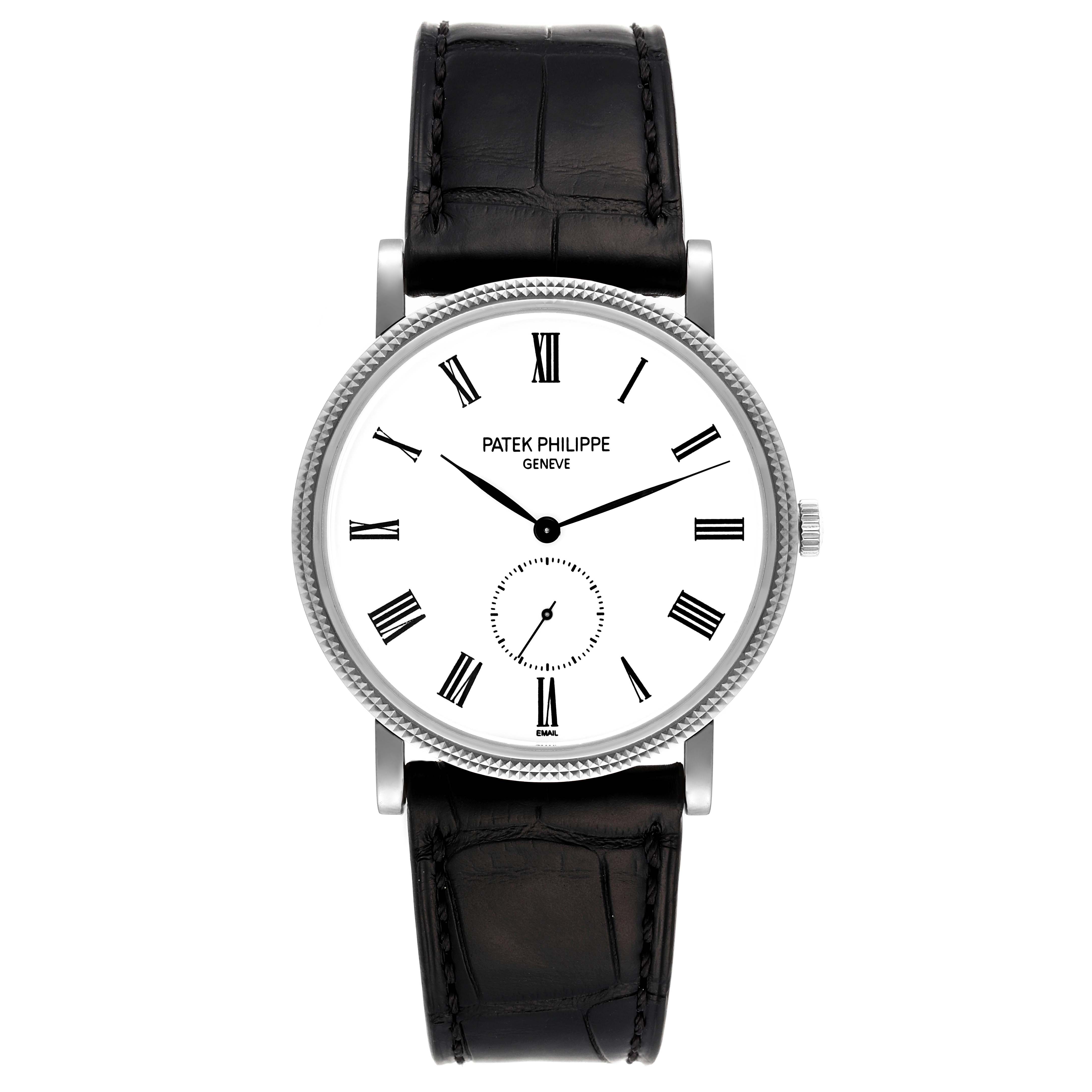 This Patek Philippe Calatrava 5116G Men's White Gold White Dial 5116G Men's White Gold White Dial watch is shown from a front angle, displaying the face, hands, and leather strap.
