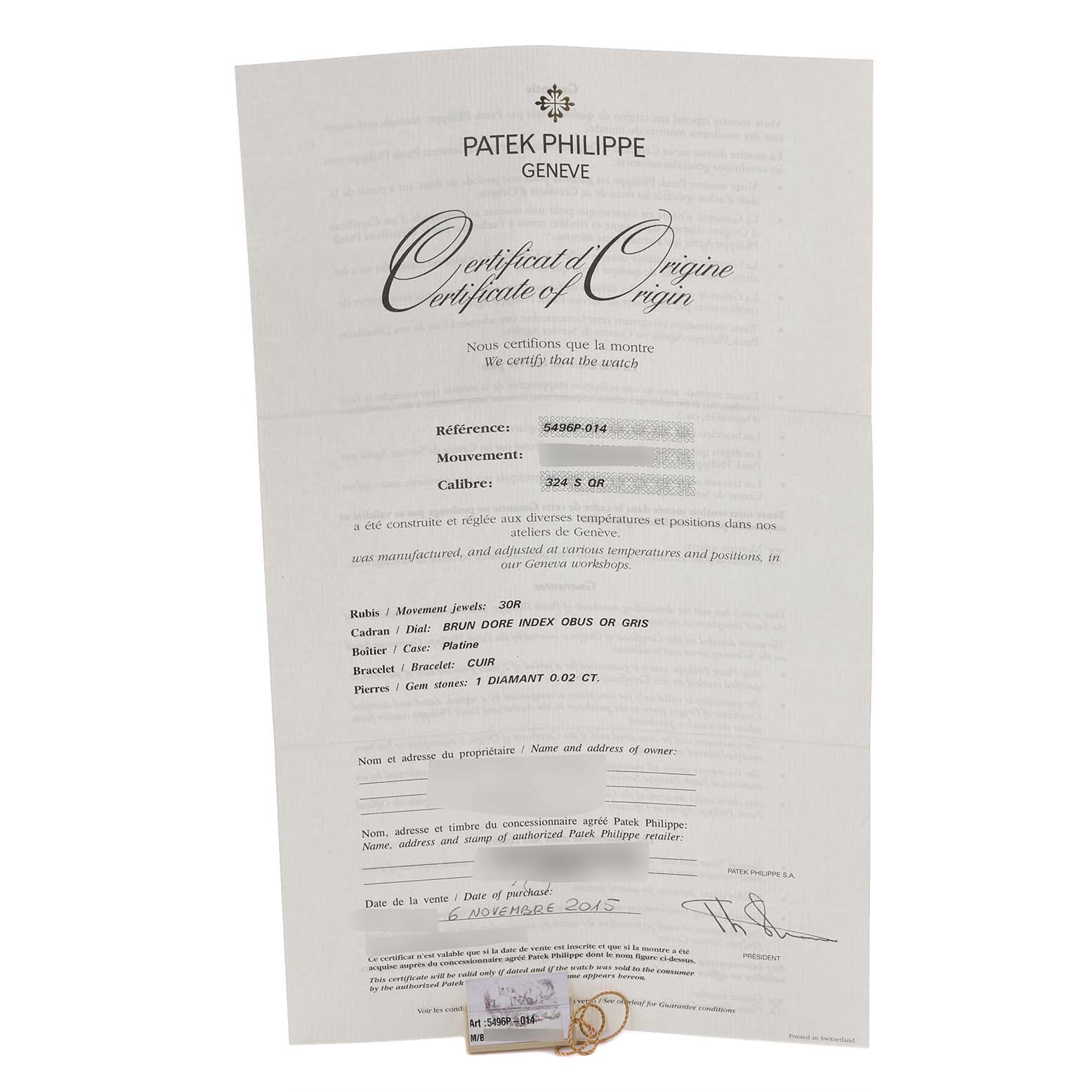 The image shows a certificate of origin for a Patek Philippe Complications 5496P-014 Men's Platinum Brown Dial 5496P-014 Men's Platinum Brown Dial model watch, not the watch itself.