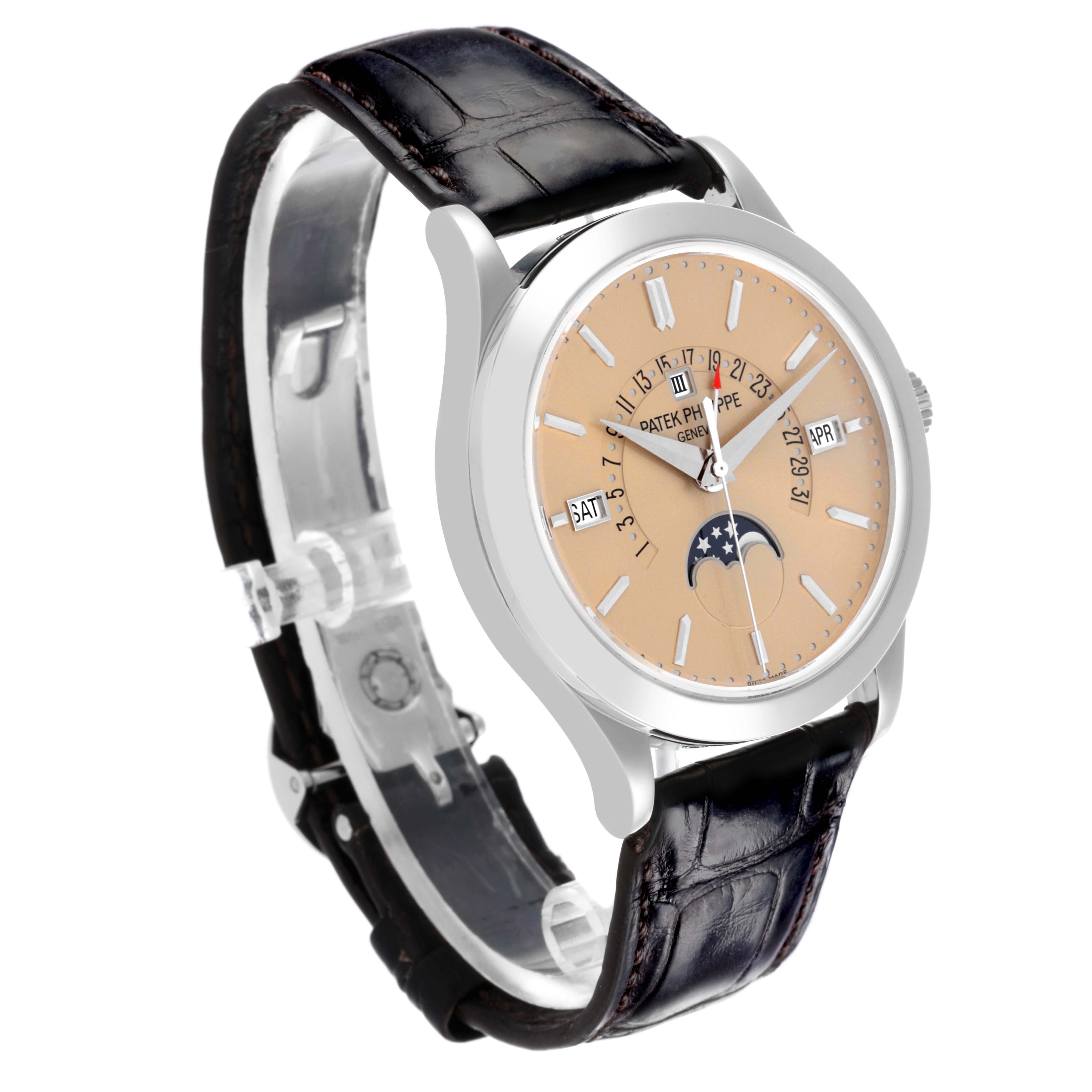 The Patek Philippe Complications 5496P-014 Men's Platinum Brown Dial 5496P-014 Men's Platinum Brown Dial watch is shown at a front-left angle, displaying the face, strap, and side case.