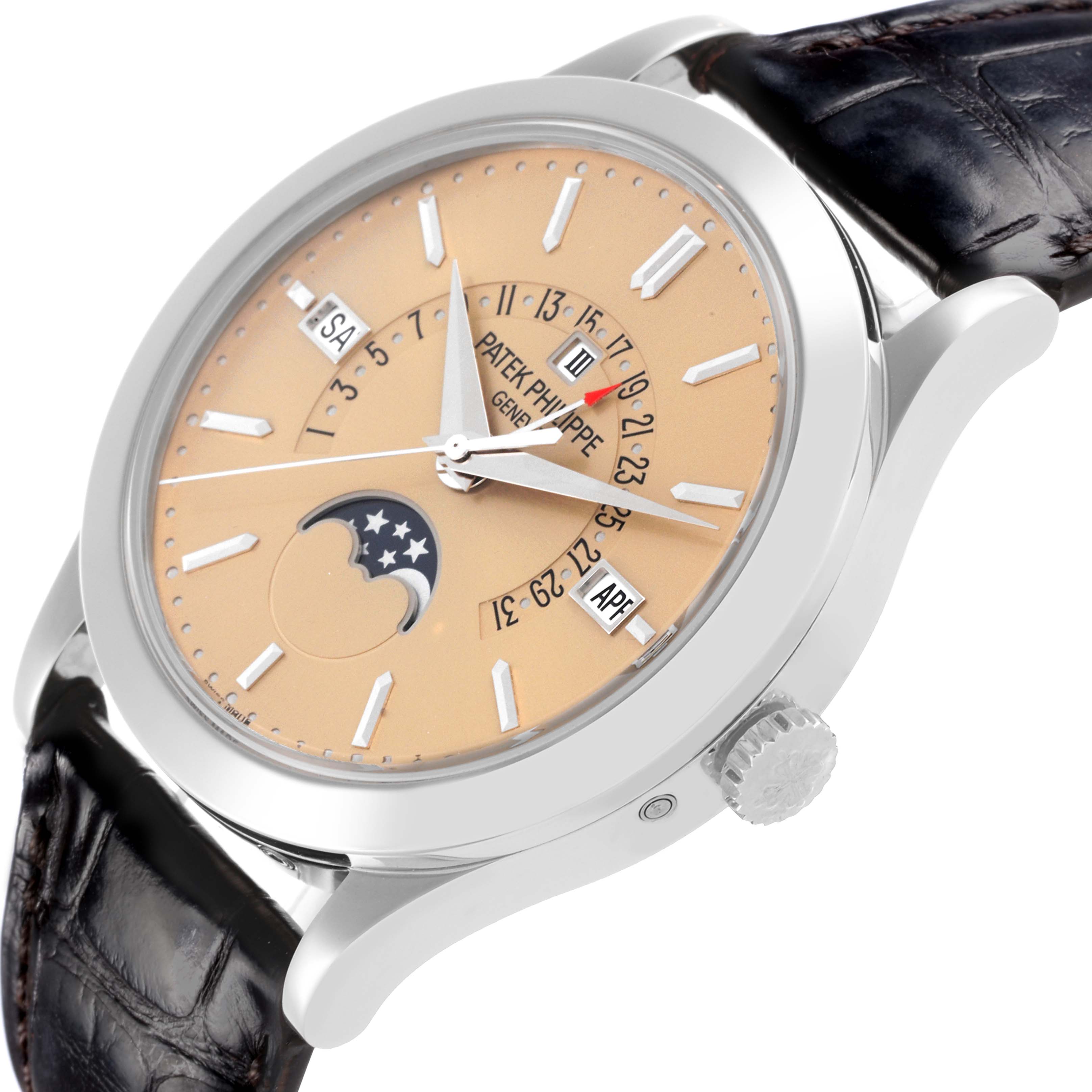 The Patek Philippe Complications 5496P-014 Men's Platinum Brown Dial 5496P-014 Men's Platinum Brown Dial watch is shown at an angled view, highlighting the face, crown, and leather strap.