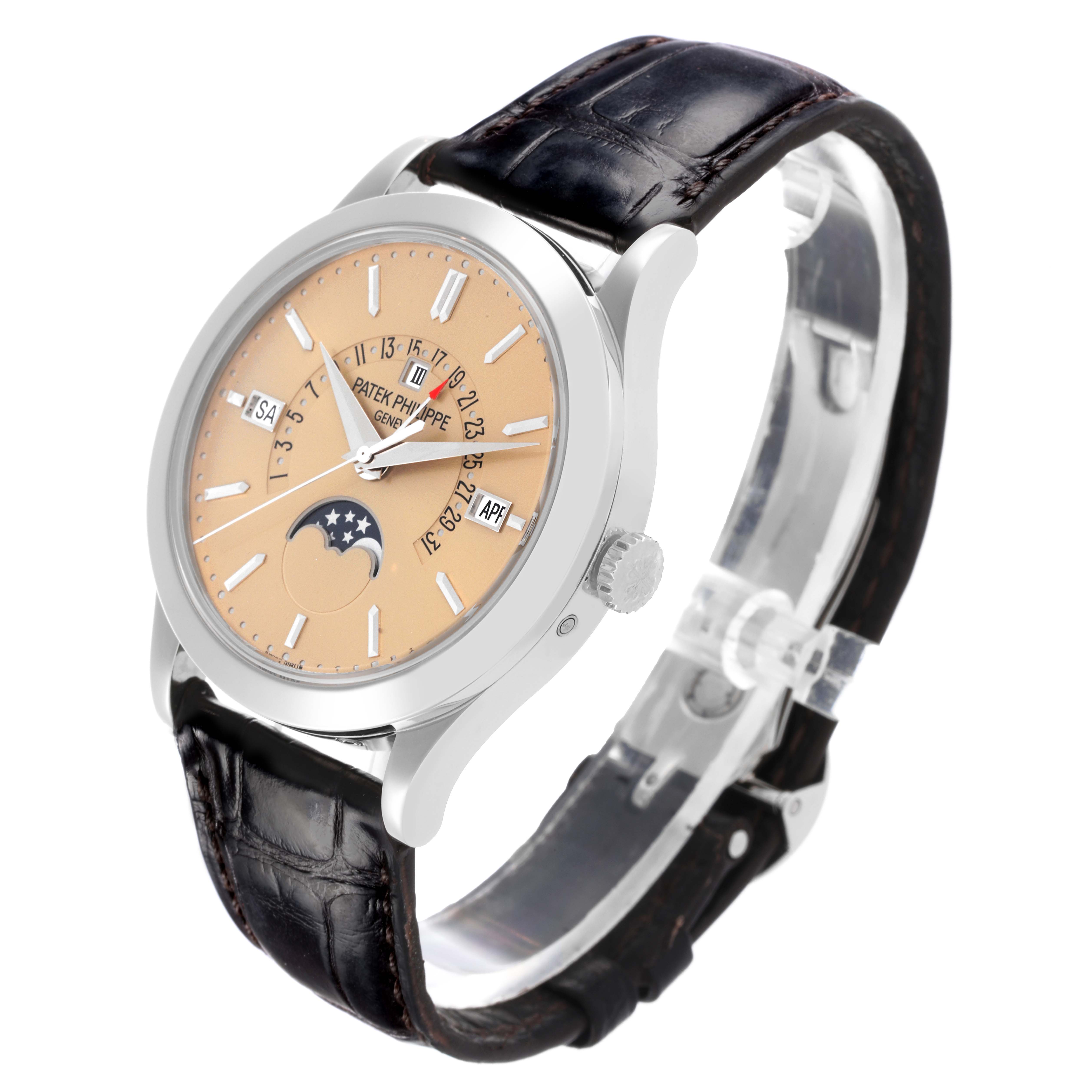 The Patek Philippe Complications 5496P-014 Men's Platinum Brown Dial 5496P-014 Men's Platinum Brown Dial watch is shown at an angled view, displaying the face, side, and leather strap.