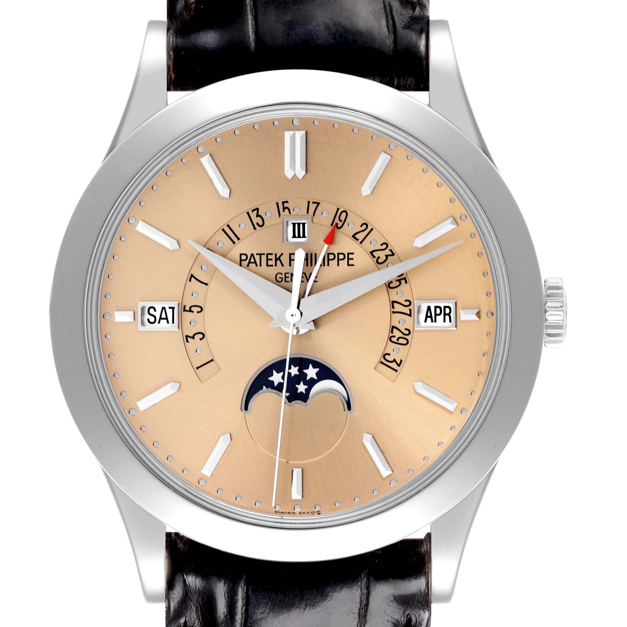 The Patek Philippe Complications 5496P-014 Men's Platinum Brown Dial 5496P-014 Men's Platinum Brown Dial watch is shown from a front angle, displaying its dial, markers, hands, and moon phase feature.