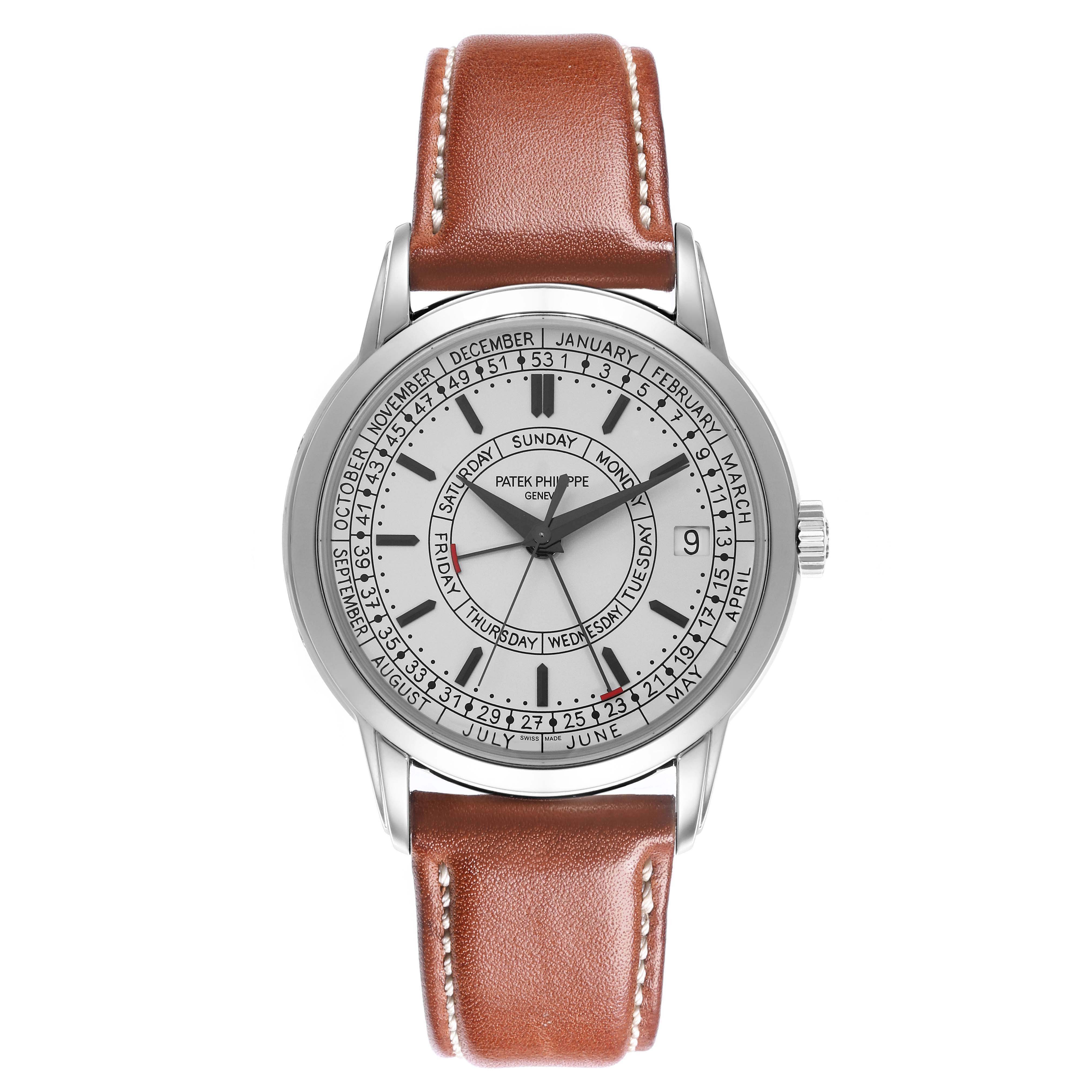 The Patek Philippe Complications 5212A-001 Men's Stainless Steel Silver Dial 5212A-001 Men's Stainless Steel Silver Dial watch is shown from the front, displaying the face, dial, and leather strap.