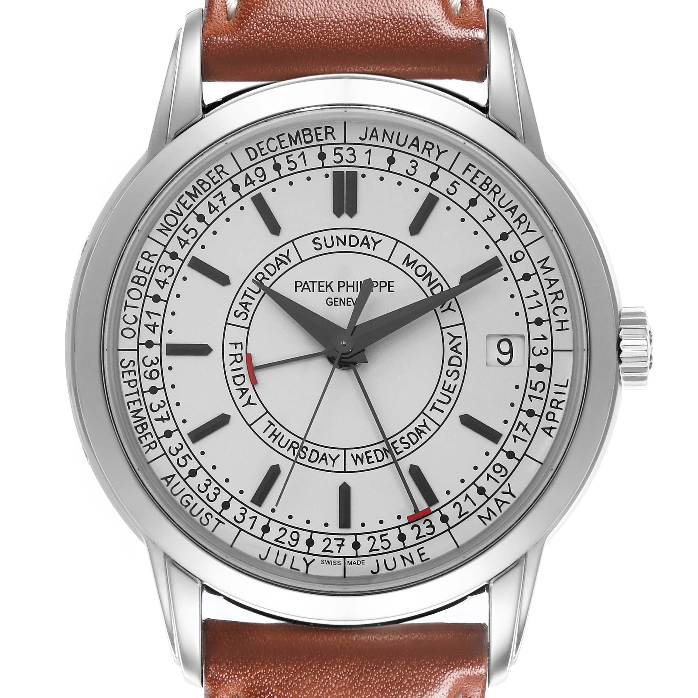 The Patek Philippe Complications 5212A-001 Men's Stainless Steel Silver Dial 5212A-001 Men's Stainless Steel Silver Dial watch is shown from the front, displaying the full dial including day, date, and month indicators.