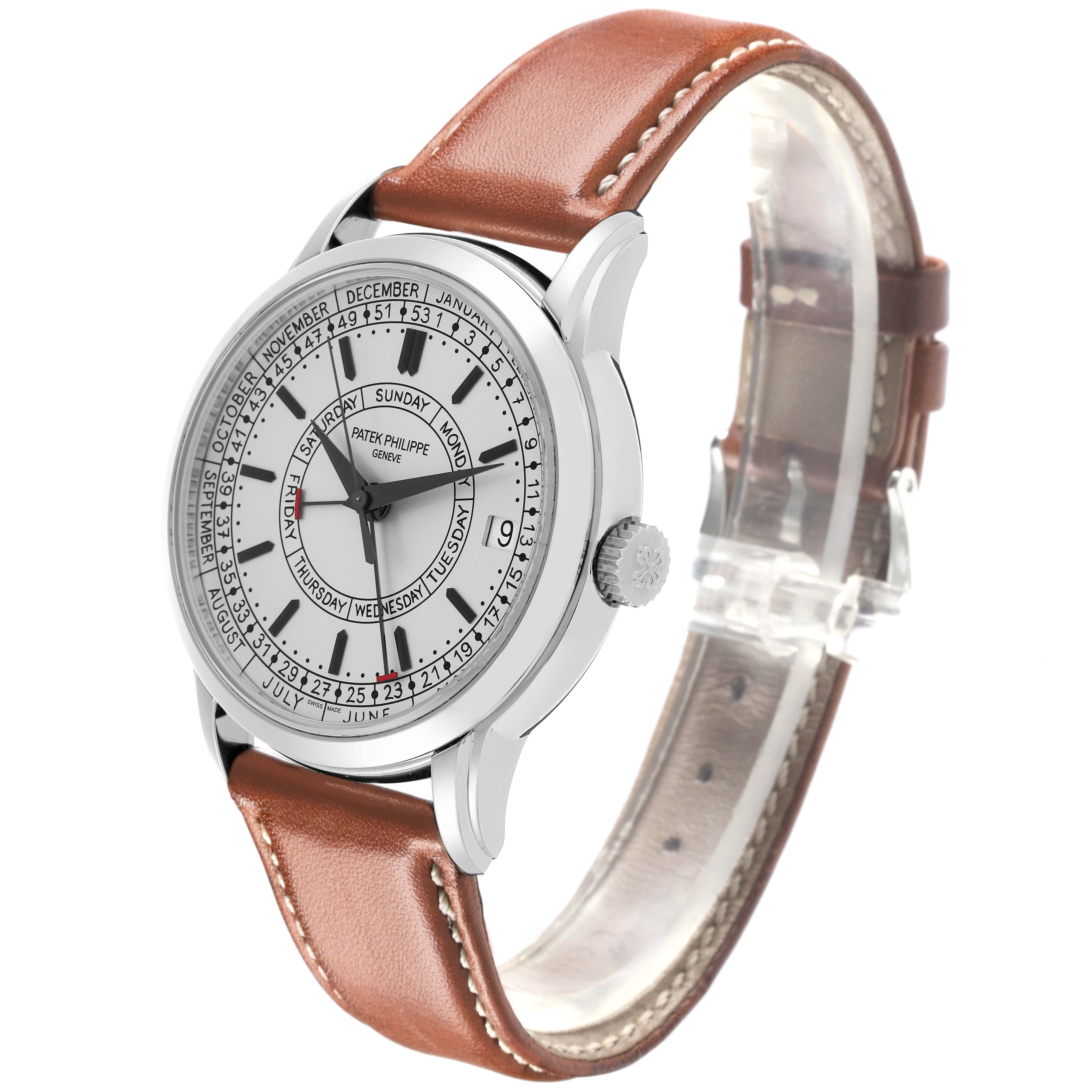 The Patek Philippe Complications 5212A-001 Men's Stainless Steel Silver Dial 5212A-001 Men's Stainless Steel Silver Dial watch is shown at a three-quarter angle, highlighting the dial, case, and leather strap.