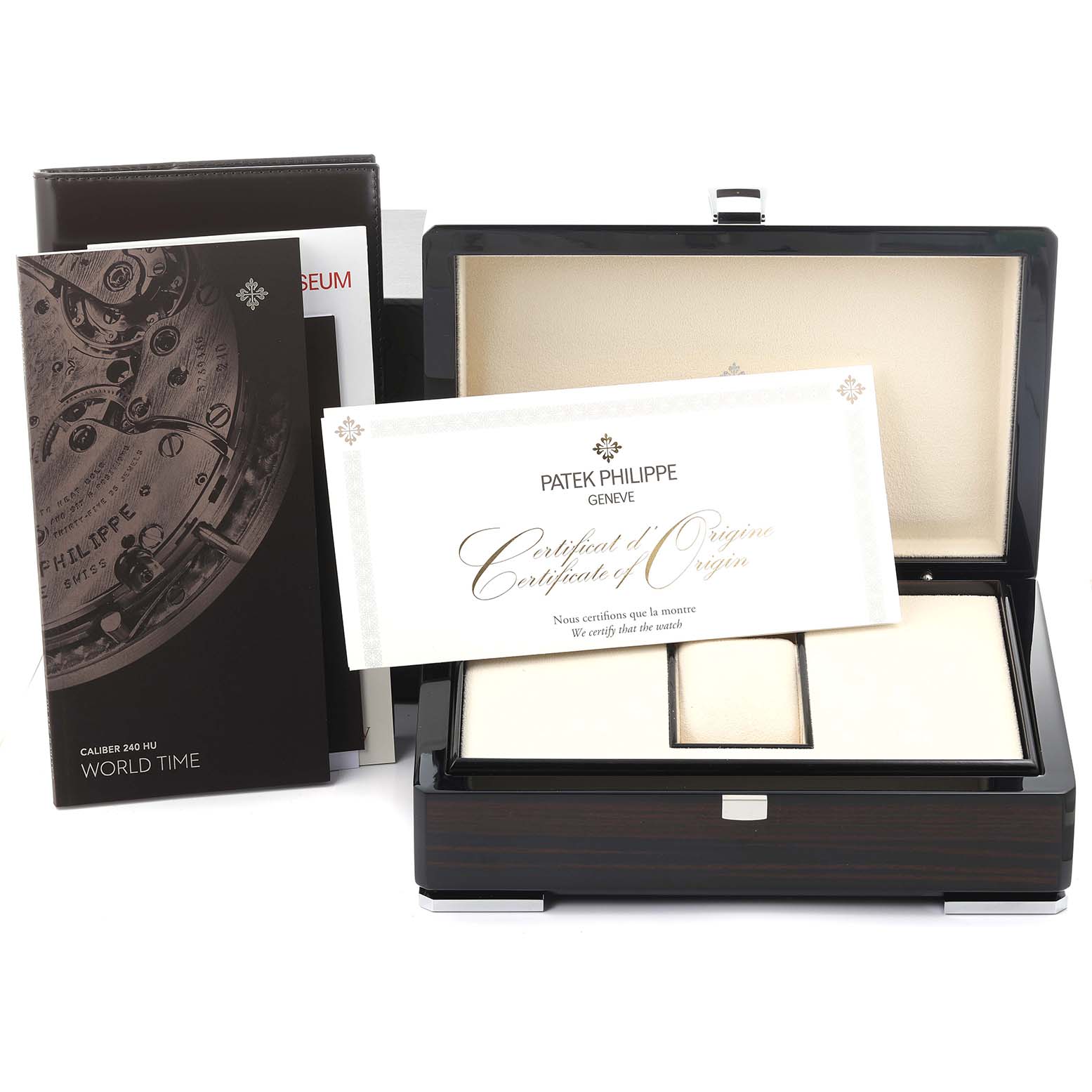 The image shows the packaging and certificate for a Patek Philippe Complications 5212A-001 Men's Stainless Steel Silver Dial 5212A-001 Men's Stainless Steel Silver Dial model, including an open box and documentation.
