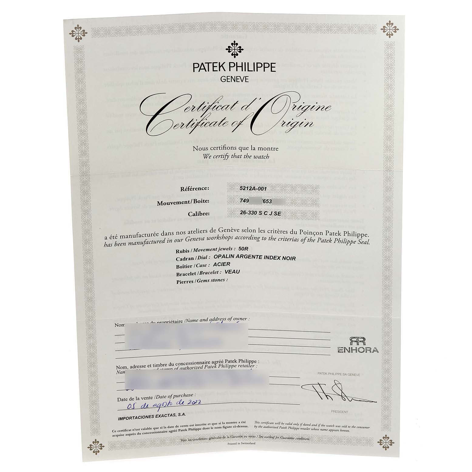This image shows the certificate of origin for a Patek Philippe Complications 5212A-001 Men's Stainless Steel Silver Dial 5212A-001 Men's Stainless Steel Silver Dial model watch.