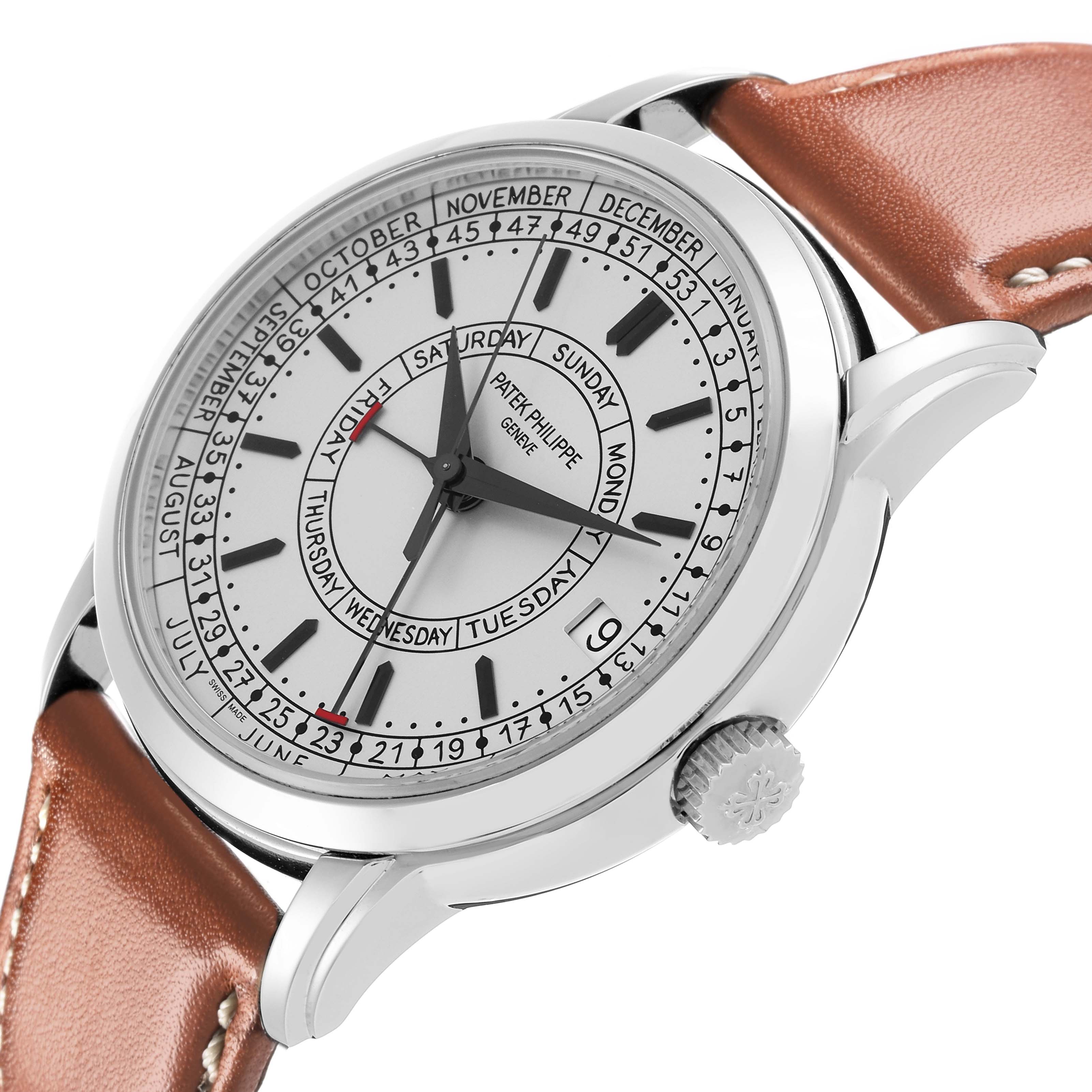 The Patek Philippe Complications 5212A-001 Men's Stainless Steel Silver Dial 5212A-001 Men's Stainless Steel Silver Dial watch is shown at a slight angle, highlighting the dial, case, crown, and brown leather strap.