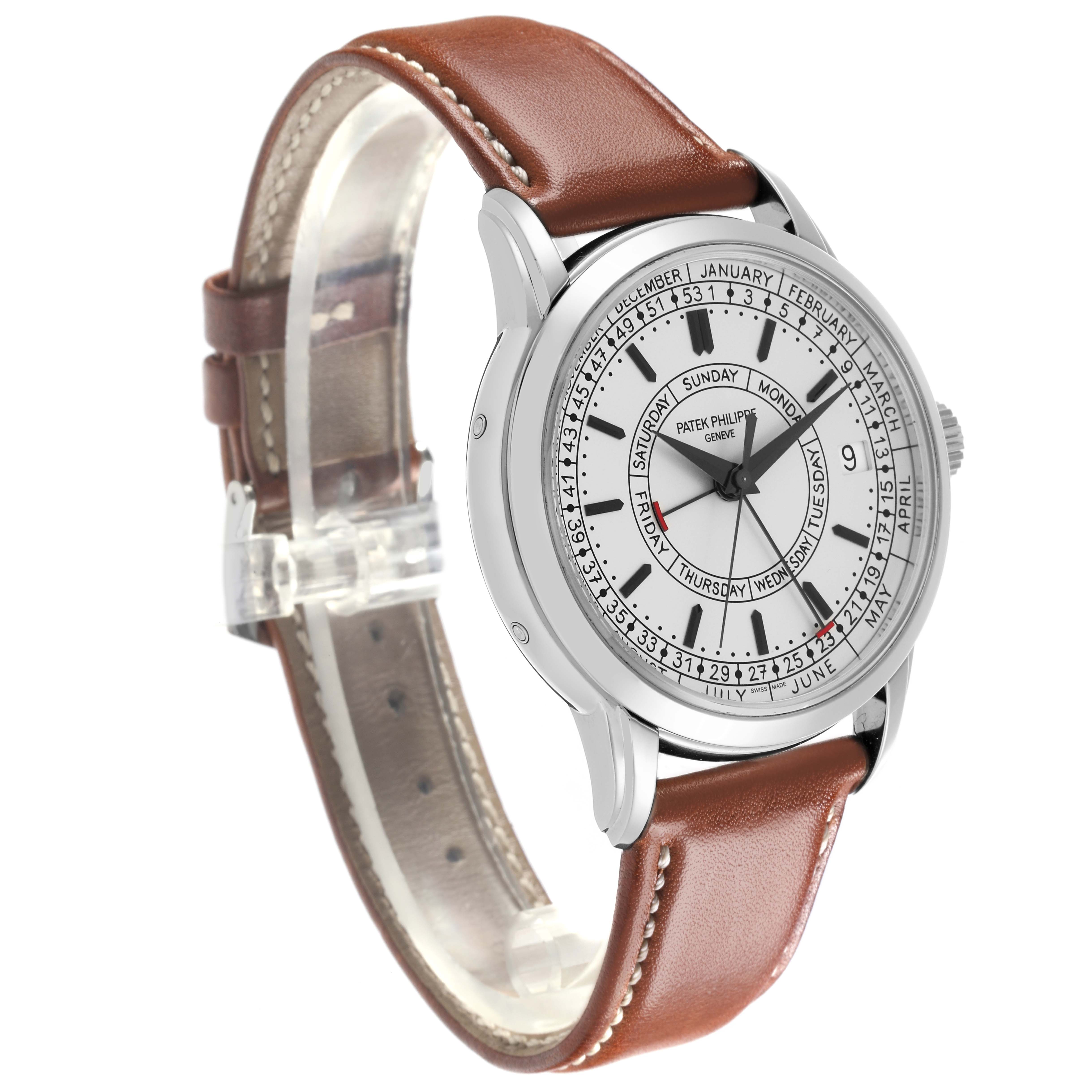 The Patek Philippe Complications 5212A-001 Men's Stainless Steel Silver Dial 5212A-001 Men's Stainless Steel Silver Dial watch is shown at a slight angle, displaying the face, case, and leather strap.