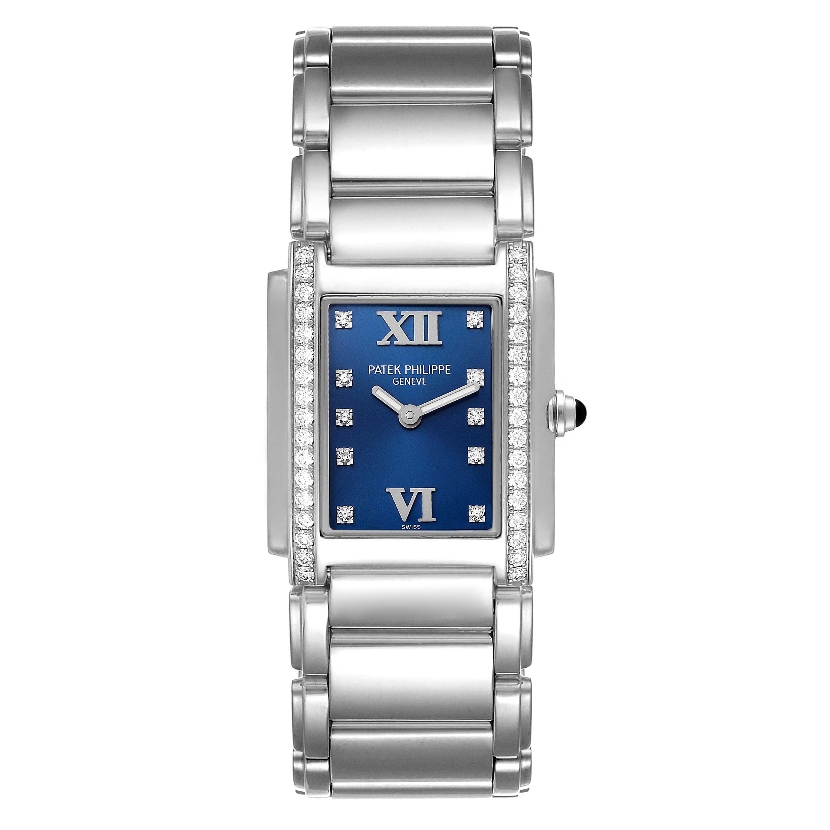 The image shows a front view of the Patek Philippe Twenty-4 4910-10A-012 Women's Stainless Steel Blue Dial 4910-10A-012 Women's Stainless Steel Blue Dial watch, highlighting its face, bezel, and bracelet.