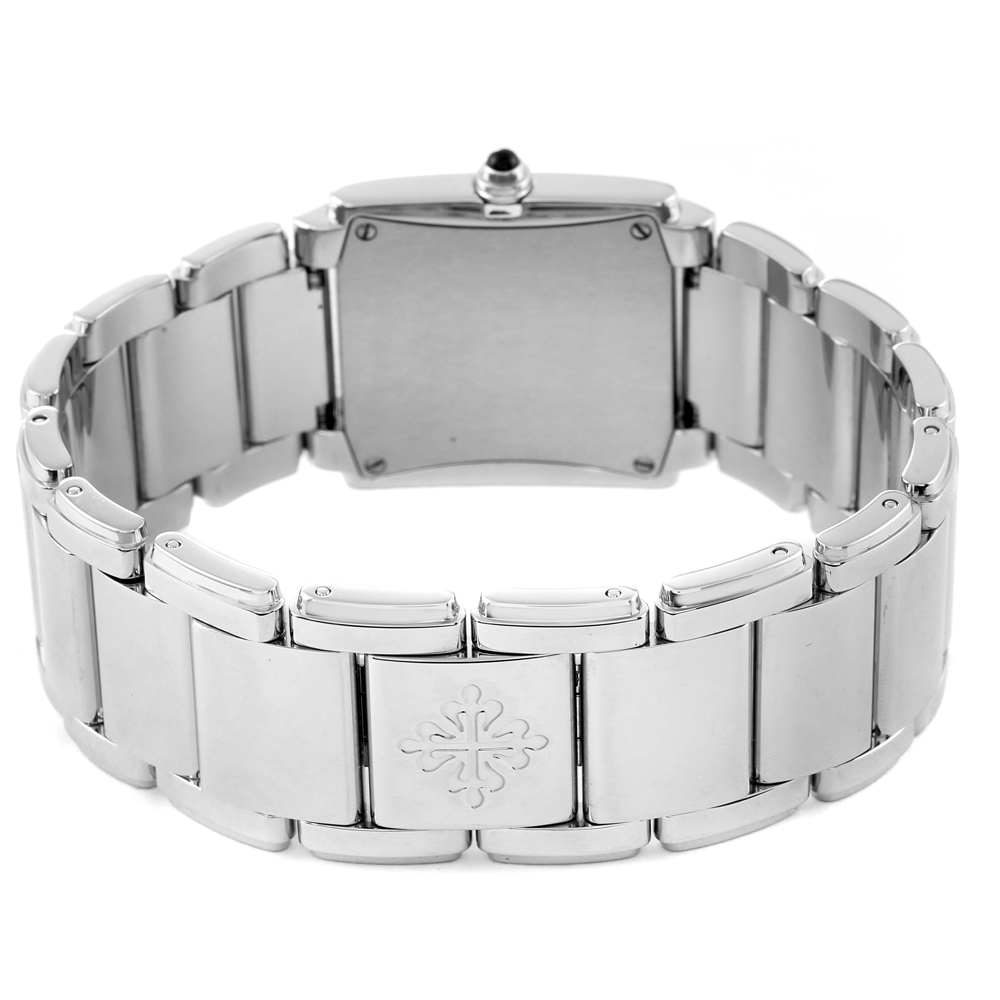 The image shows the back view of a Patek Philippe Twenty-4 4910-10A-012 Women's Stainless Steel Blue Dial 4910-10A-012 Women's Stainless Steel Blue Dial watch, highlighting its stainless steel bracelet and case back.