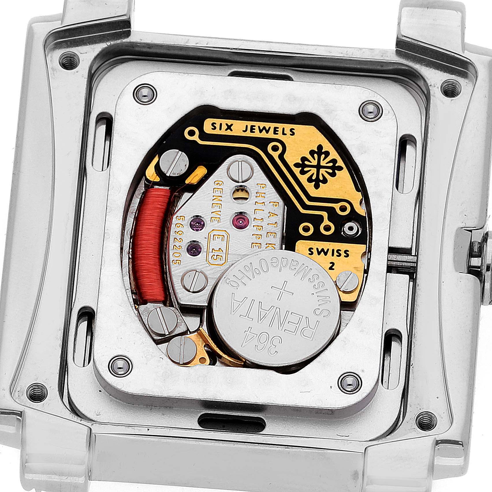 The image shows the inner mechanism and battery compartment of the Patek Philippe Twenty-4 4910-10A-012 Women's Stainless Steel Blue Dial 4910-10A-012 Women's Stainless Steel Blue Dial model watch from the back.