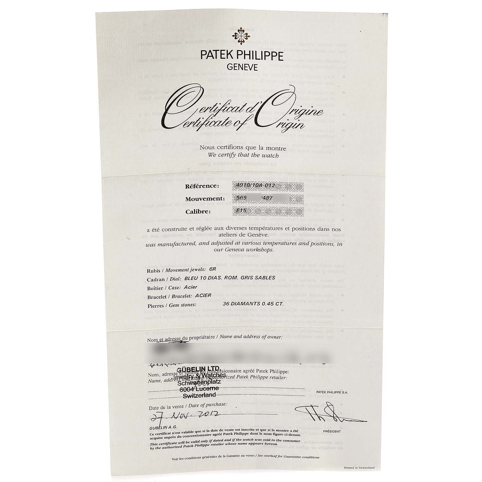 The image shows a Certificate of Origin for a Patek Philippe Twenty-4 4910-10A-012 Women's Stainless Steel Blue Dial 4910-10A-012 Women's Stainless Steel Blue Dial watch, providing details about the watch's specifications and purchase.