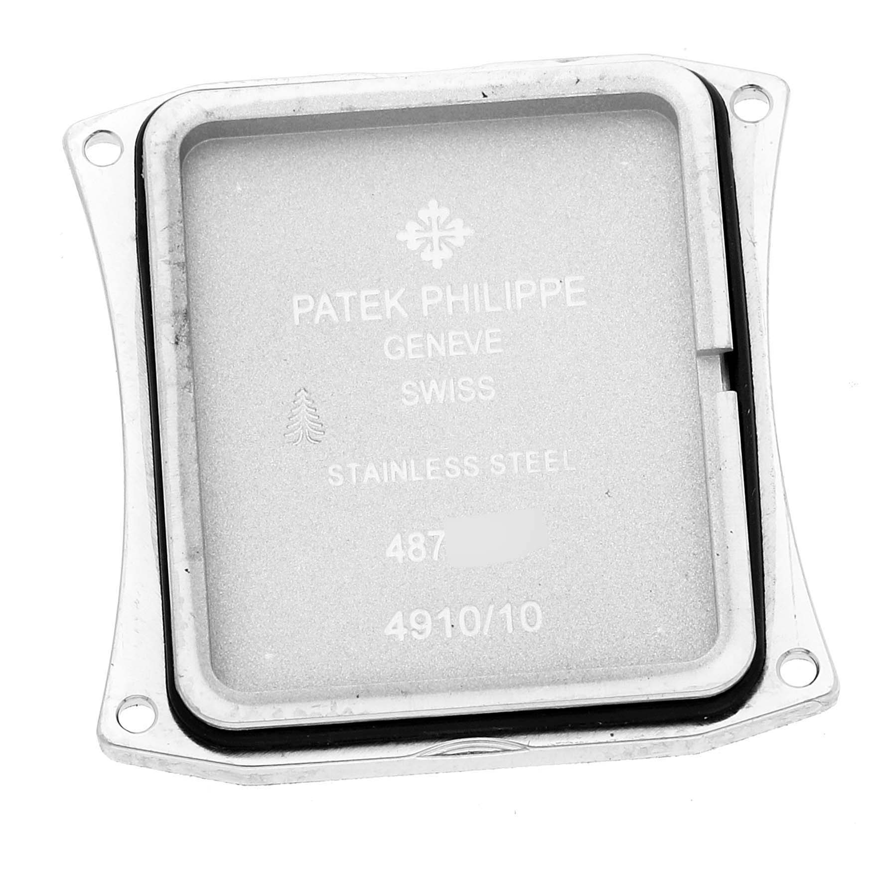 The image shows the back casing of a Patek Philippe Twenty-4 4910-10A-012 Women's Stainless Steel Blue Dial 4910-10A-012 Women's Stainless Steel Blue Dial watch from a top-down angle.