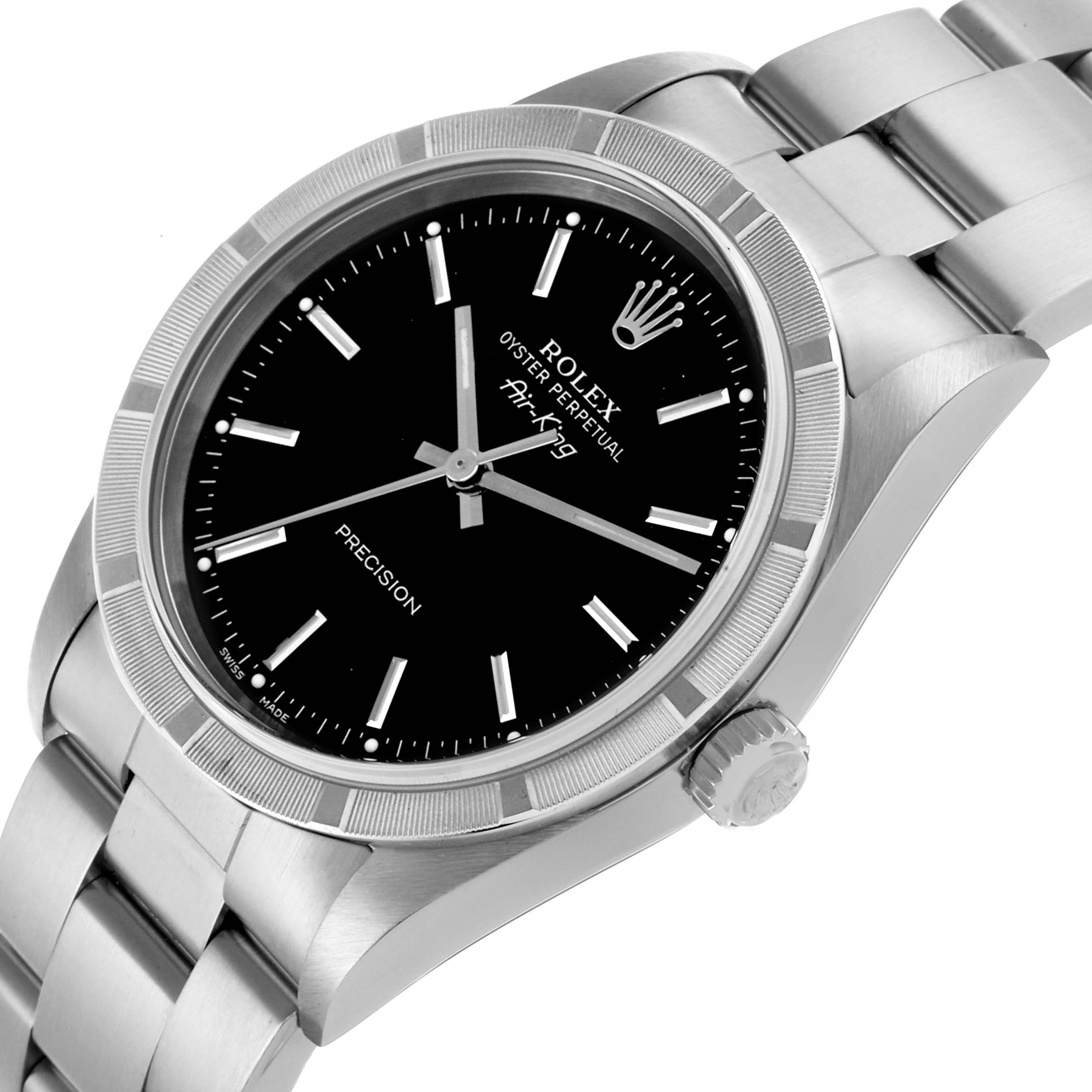 The Rolex Air-King 14010 Men's Stainless Steel Black Dial 14010 Men's Stainless Steel Black Dial watch is shown at a slight angle, highlighting the black dial, bezel, and part of the bracelet.
