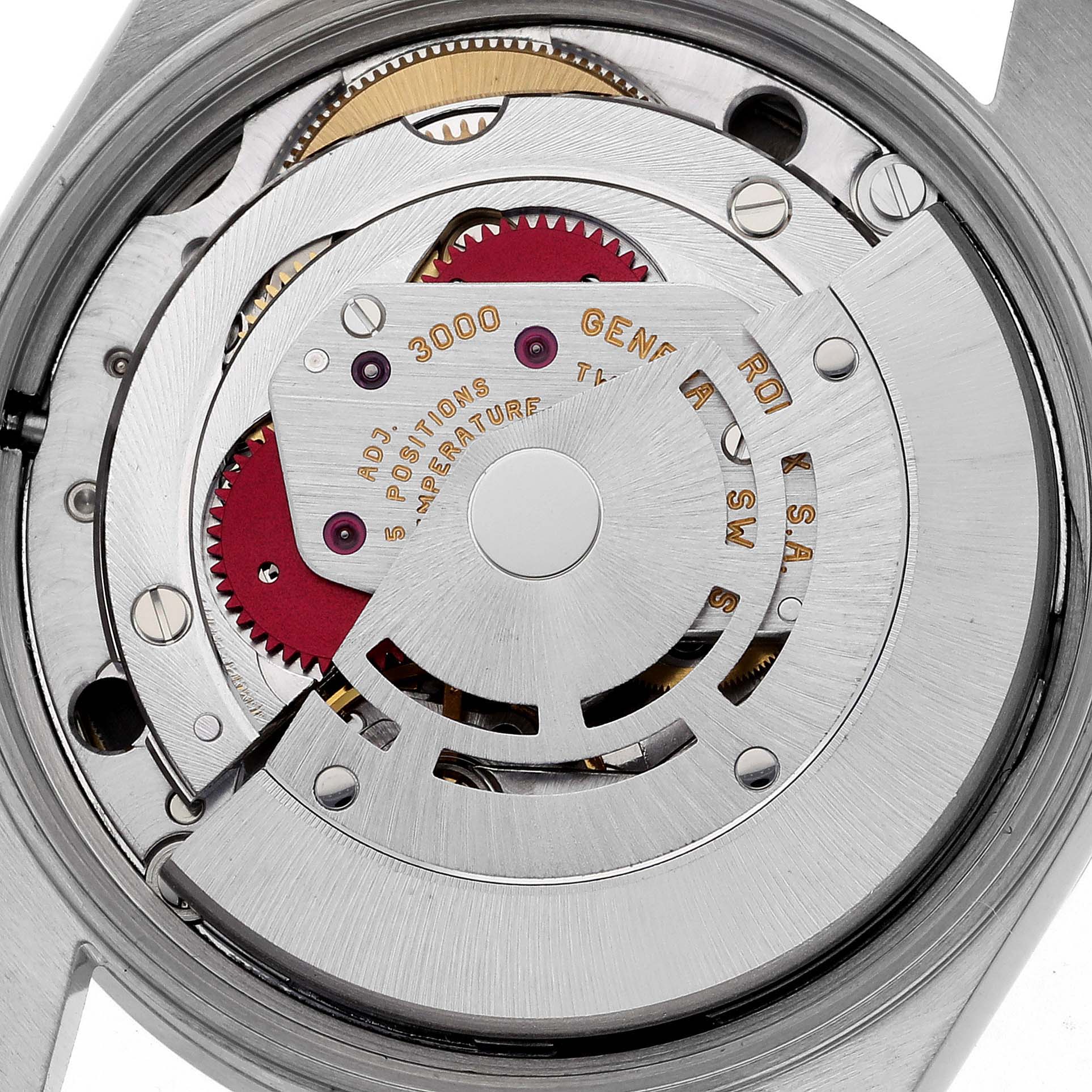 The image shows the inner mechanism of the Rolex Air-King 14010 Men's Stainless Steel Black Dial 14010 Men's Stainless Steel Black Dial watch, highlighting its movement components.